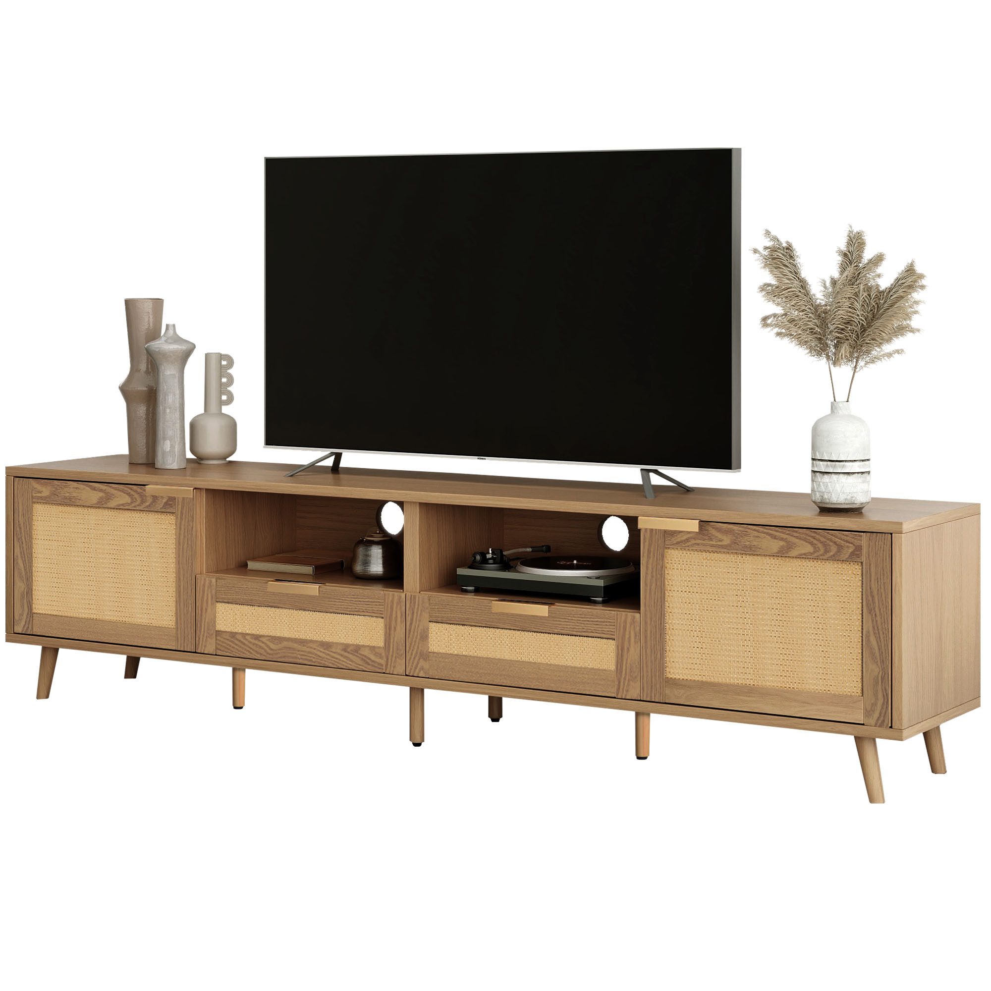 Merax Lowboard Holz mit 2 Schubladen und 2 Türen, Fernsehtisch mit Rattangeflecht Design,TV-Board