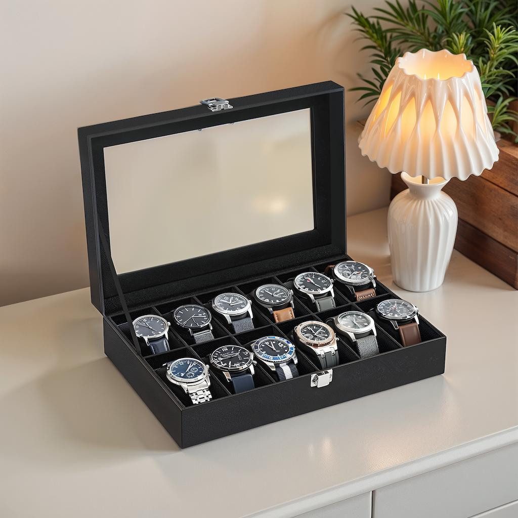SONGMICS Uhrenbox 12 Fächern, Uhrenkasten, Premium-Uhrenschatulle, 20,2 x 30,2 x 7,8 cm, herausnehmbaren Uhrenkissen, PU-Bezug in Schwarz,Samtfutter in Schwarz