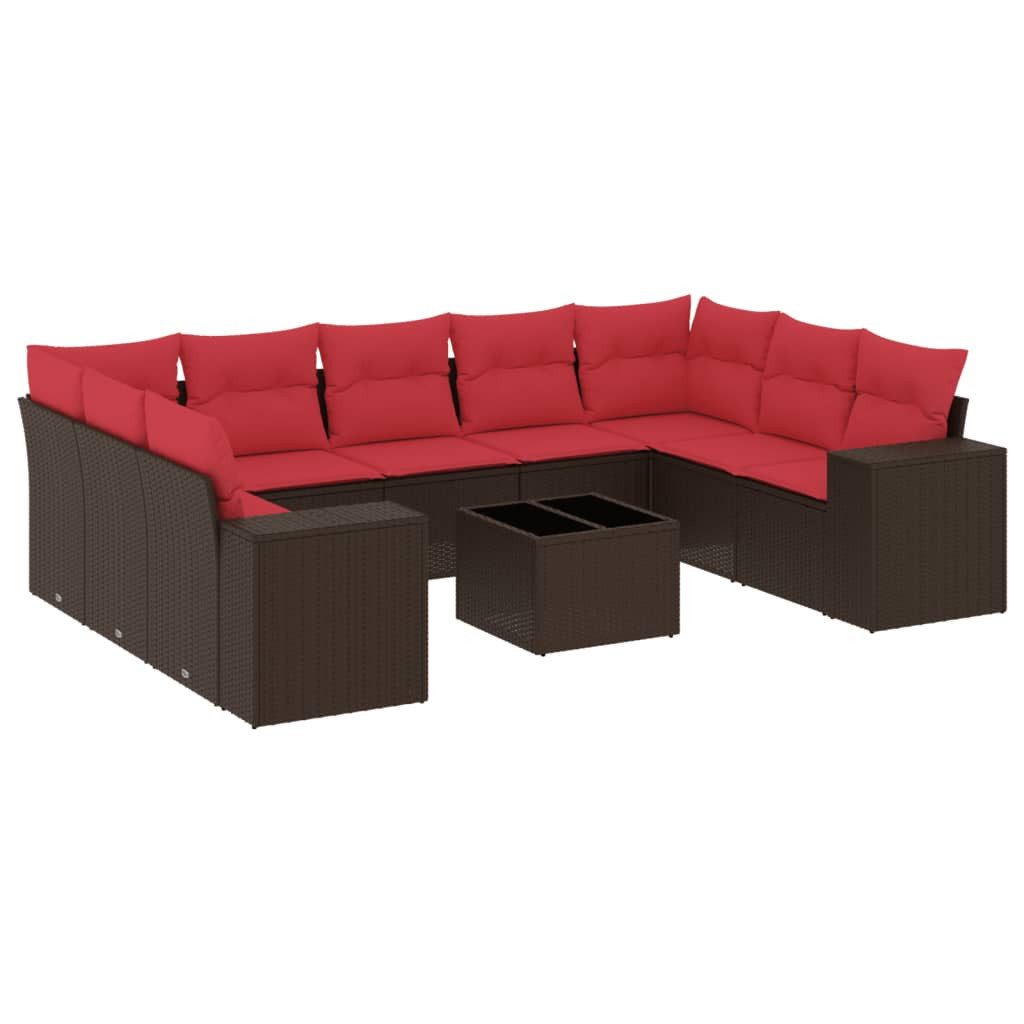 vidaXL Gartenlounge-Set 10-teiliges Gartensofa-Set mit Kissen, braun, Polyrattan, (1-tlg)