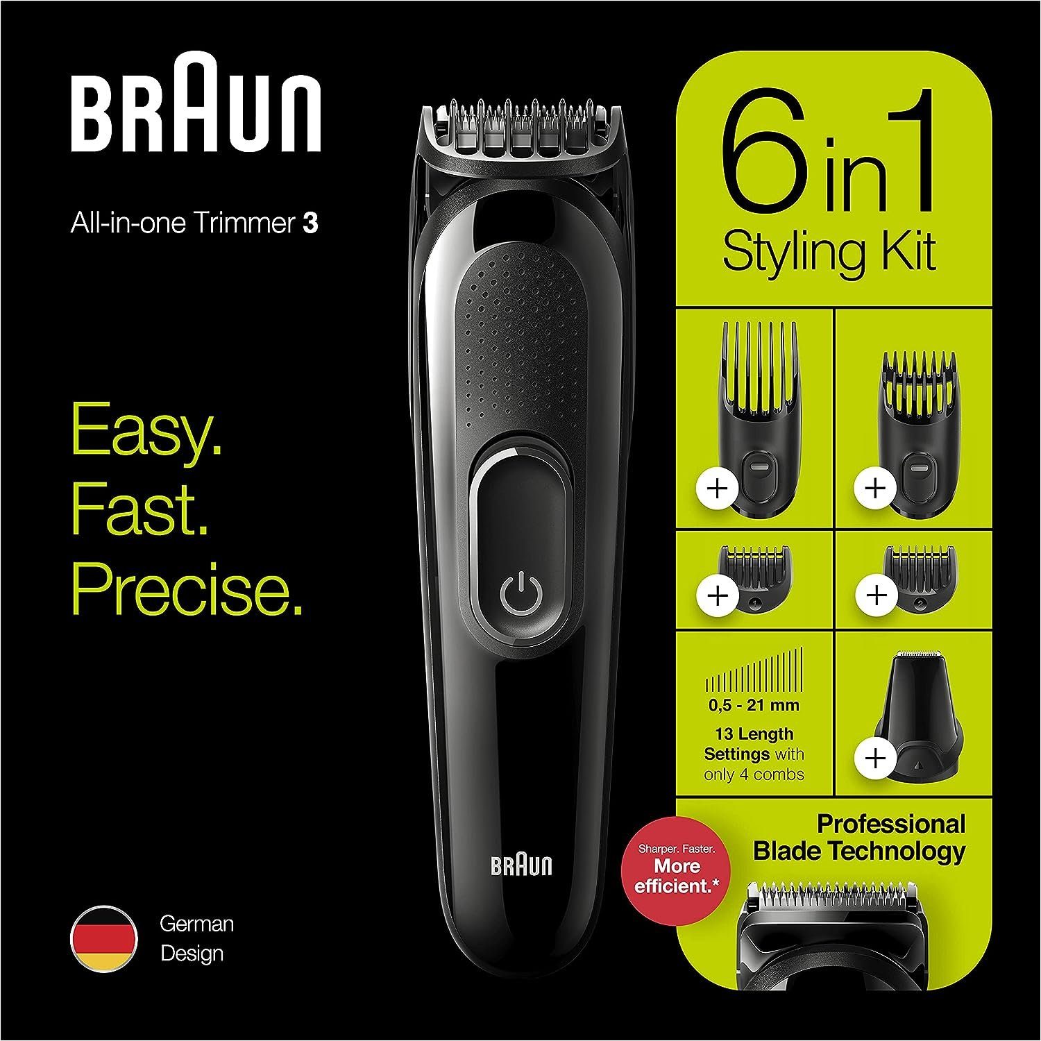 Braun Multifunktionstrimmer Braun 6-in-1 Bartschneider, mit Haar- und Nasentrimmer, Styling-Set, Set für Bart, 6-1 Styling KIT, Wiederverwendbar, langgiebig, leicht zu bedienen, lange Akku Zeit