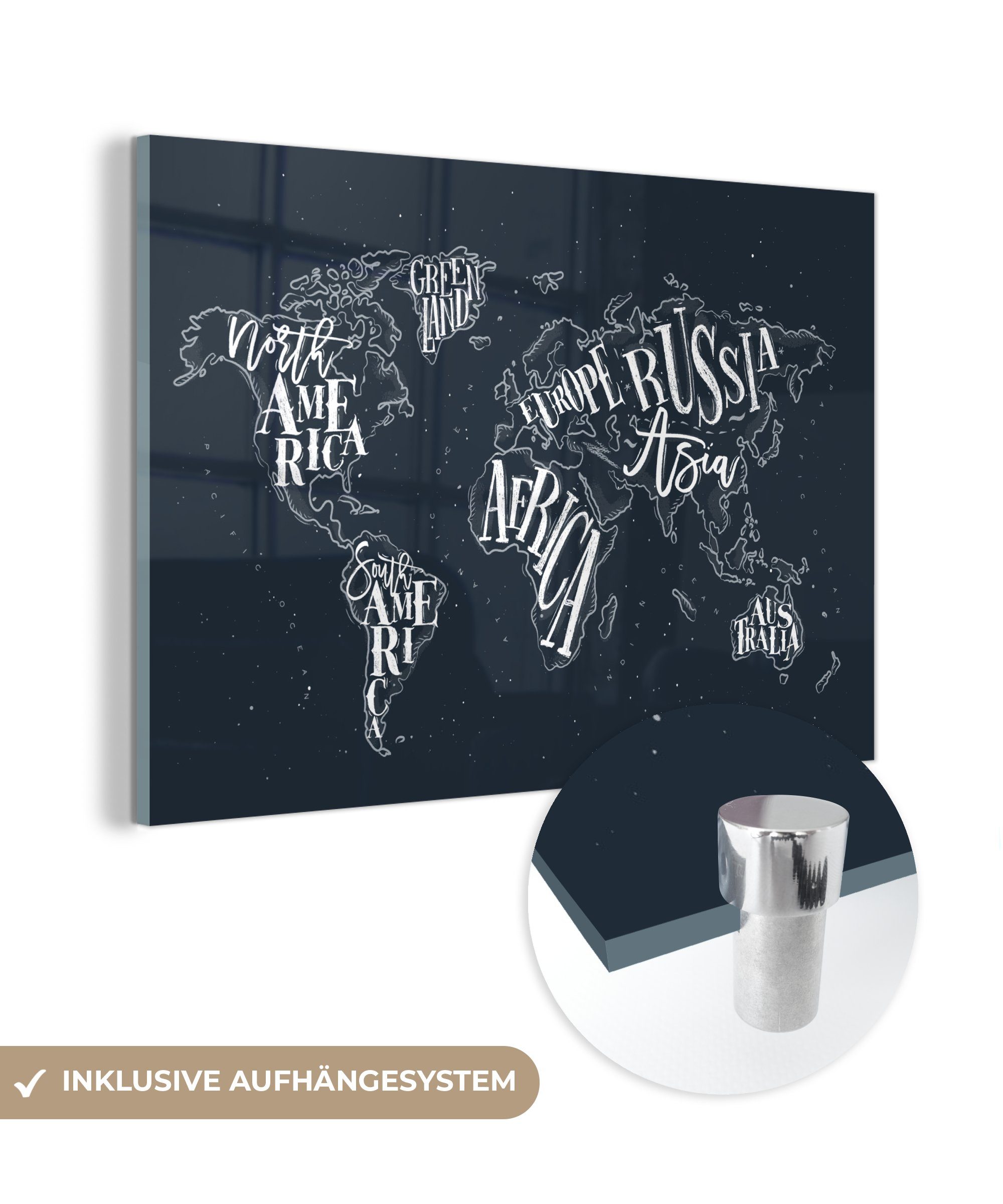 MuchoWow Acrylglasbild Weltkarte - Schwarz - Weiß - Buchstaben, (1 St), Glasbilder - Bilder auf Glas Wandbild - Foto auf Glas - Wanddekoration