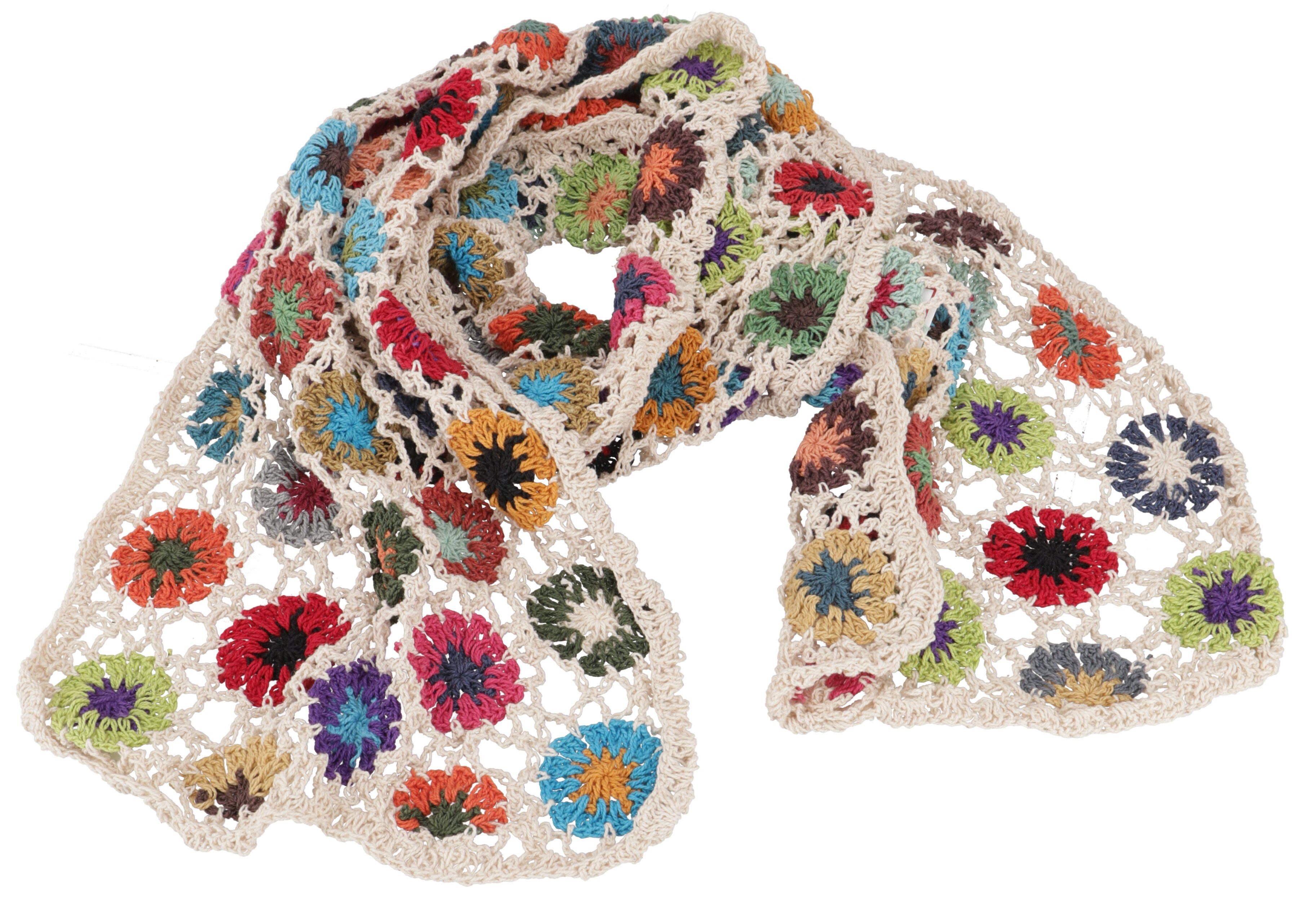 Guru-Shop Halstuch Häkelschal mit bunten Blümchen, Boho Schal - weiß, Festival, Ethno Style, alternative Bekleidung