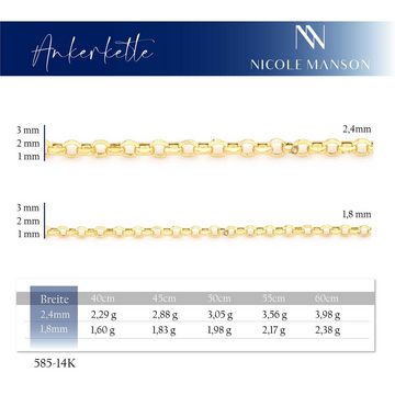 Nicole Manson Goldkette Anker kette 585 Gold 14K 1,8 mm - 2,4 mm Breite Halskette, Ankerkette