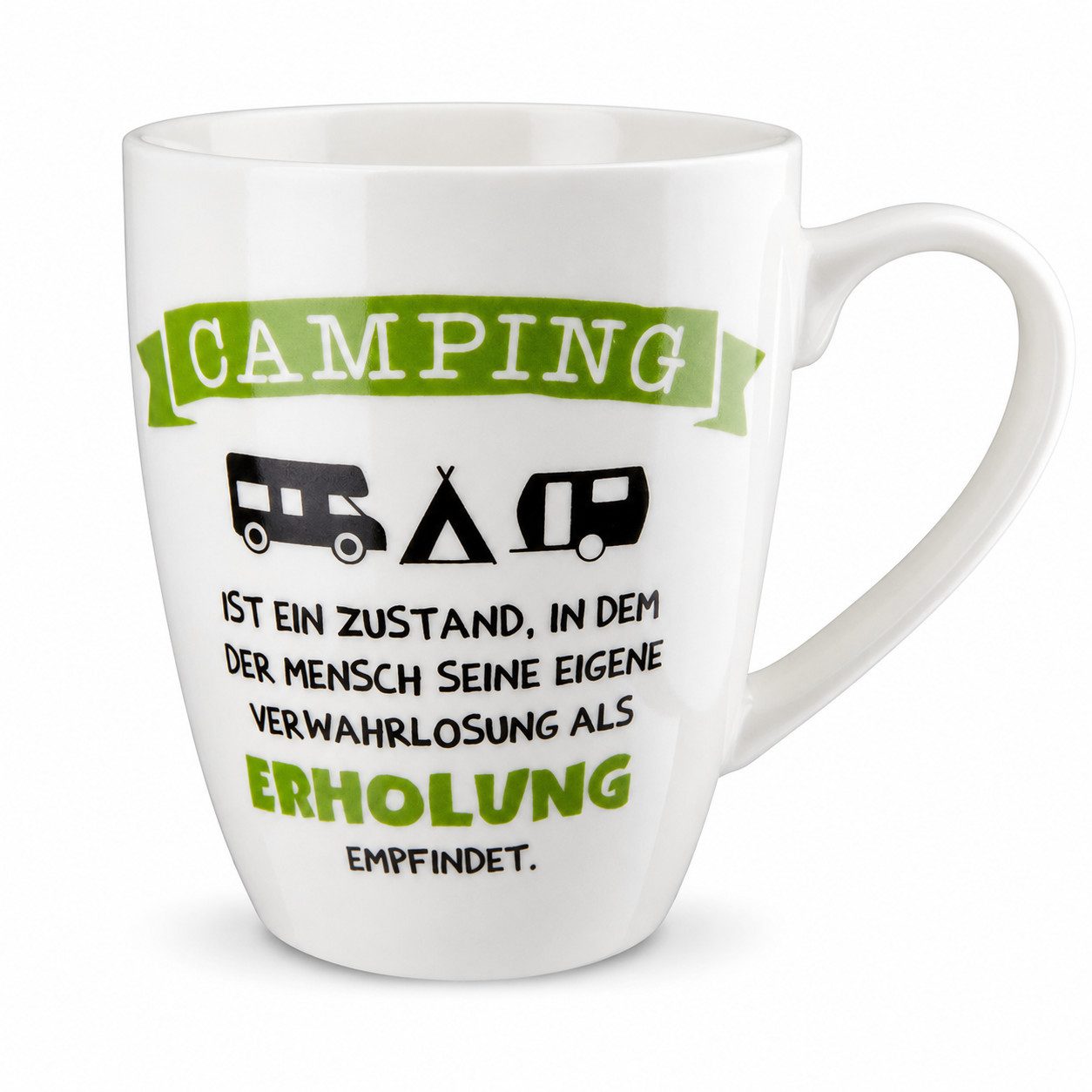 GILDE Tasse Camping Tasse mit Spruch 350 ml Keramik Becher Wohnwagenmotiv, 1-tlg., Porzellan