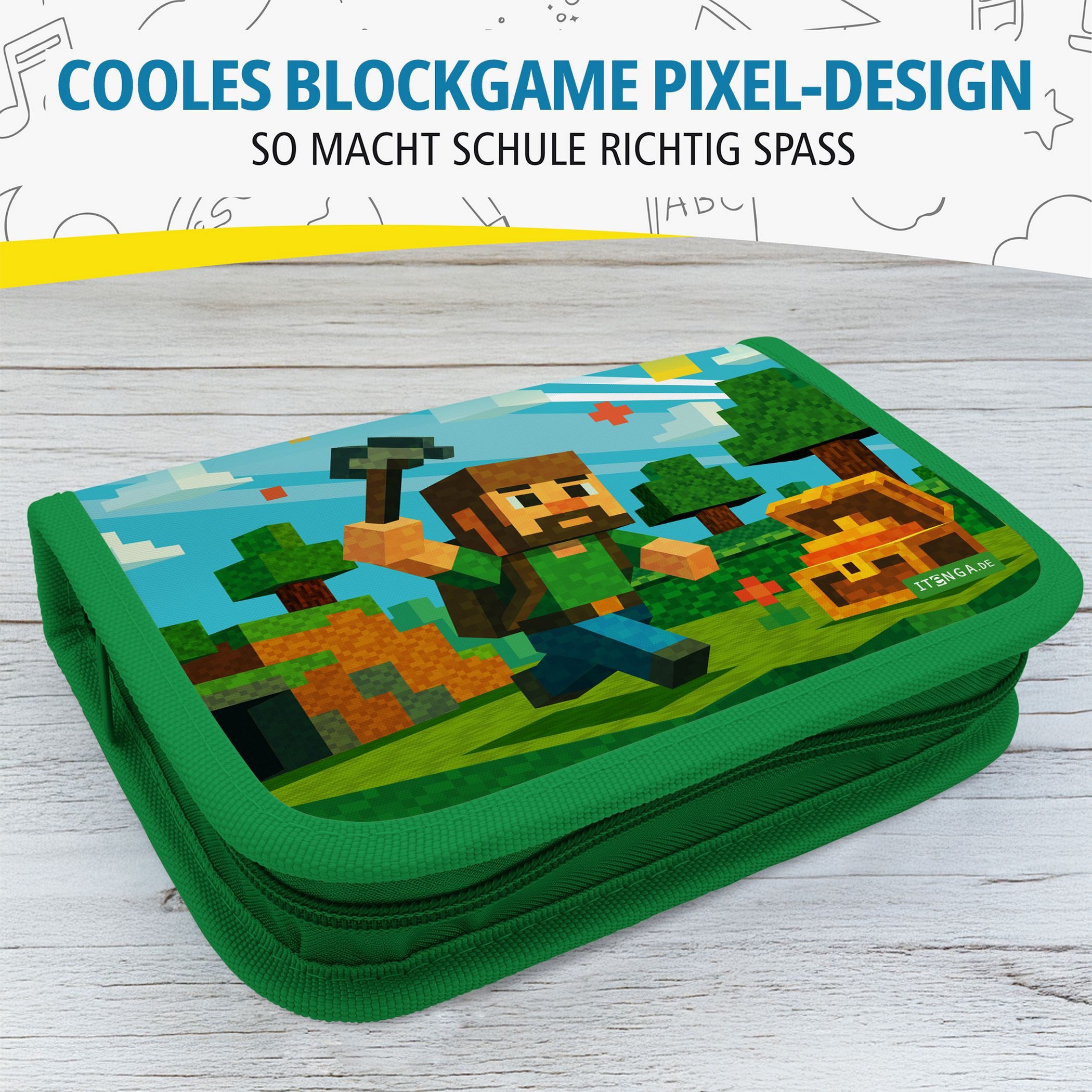 itenga Federmäppchen itenga Schüler-Etui Mäppchen Blockgame Pixel 28 teilig (gefüllt) 1-Zip