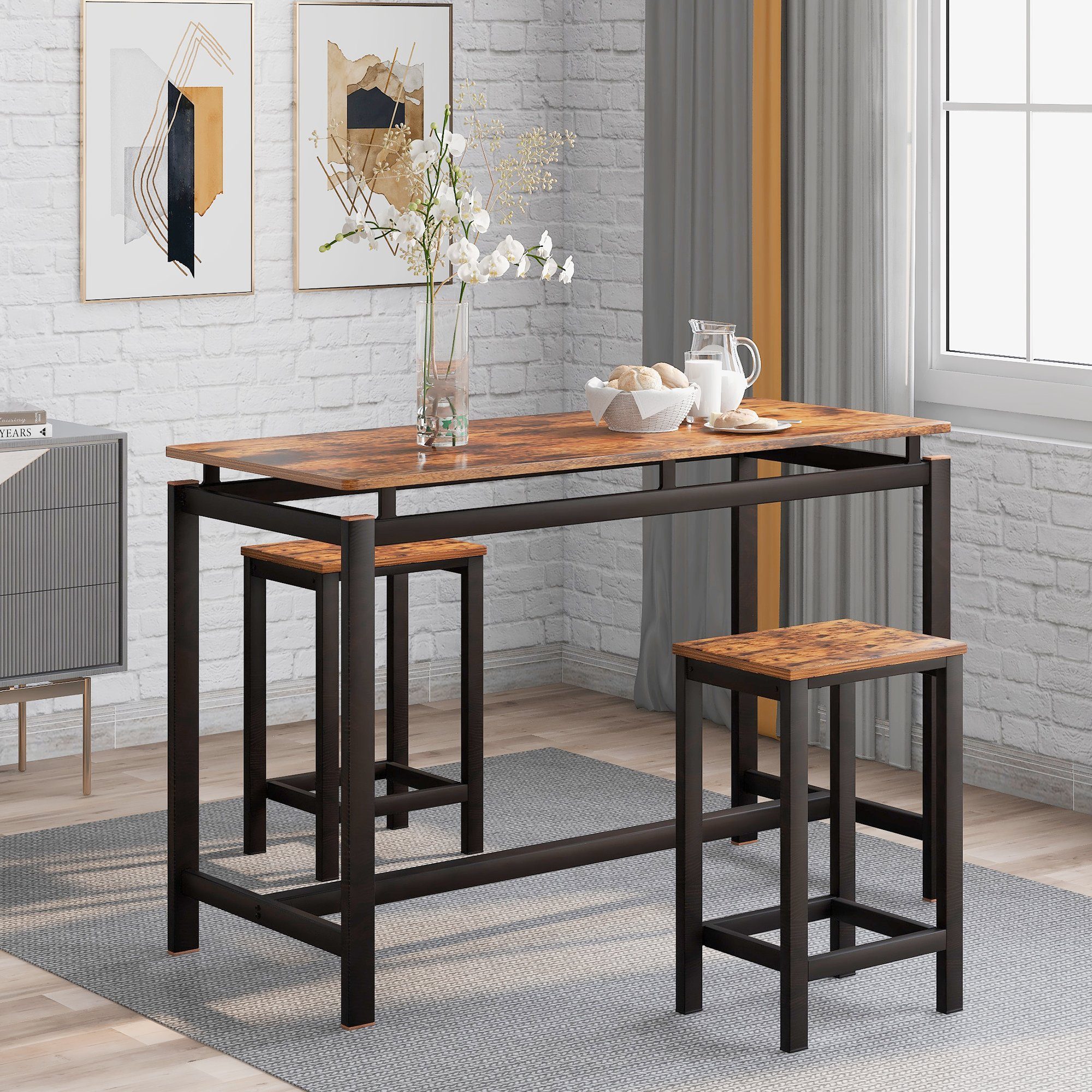 Bartisch (3-St), mit Hocker, Küchentisch Stehtisch Vintage, 100x40x90cm, 38x30x60cm