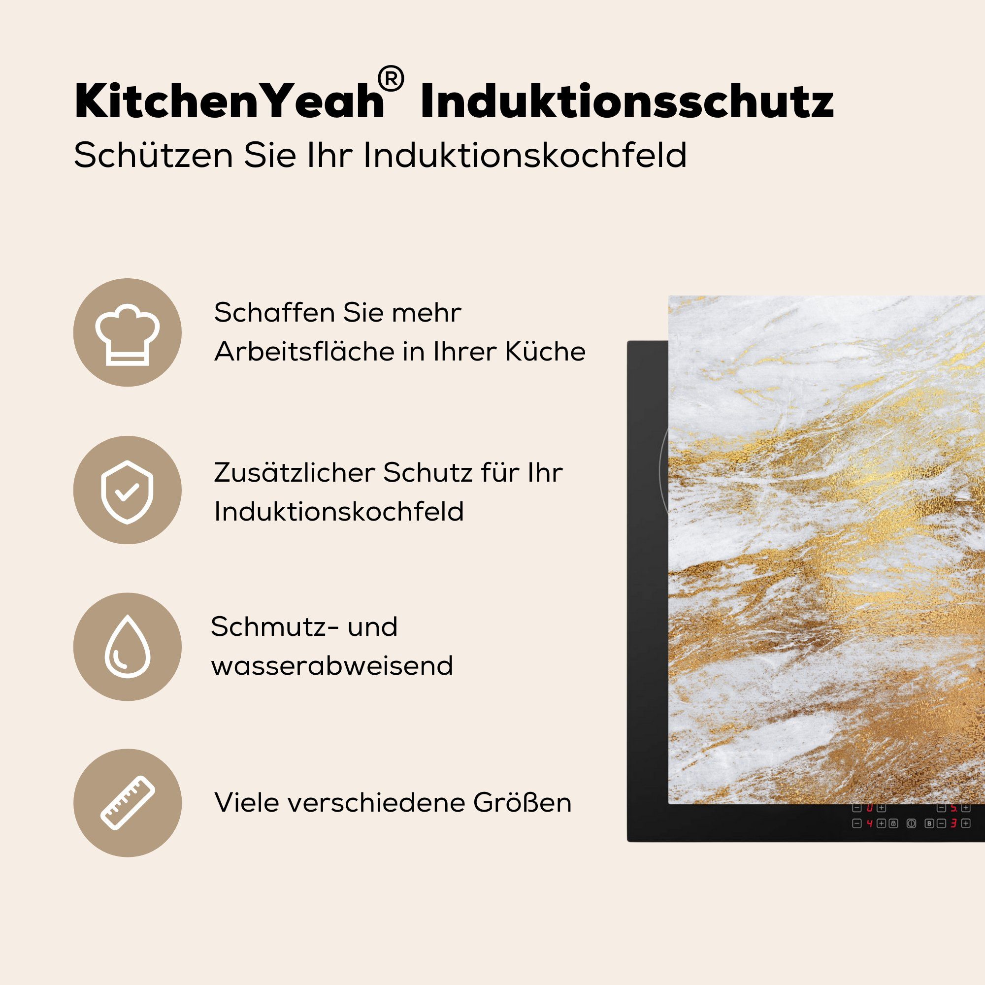 MuchoWow Herdblende-/Abdeckplatte Marmor - Gold cm, Vinyl, Ceranfeldabdeckung, küche Muster Arbeitsplatte (1 Weiß, tlg), für - 78x78 