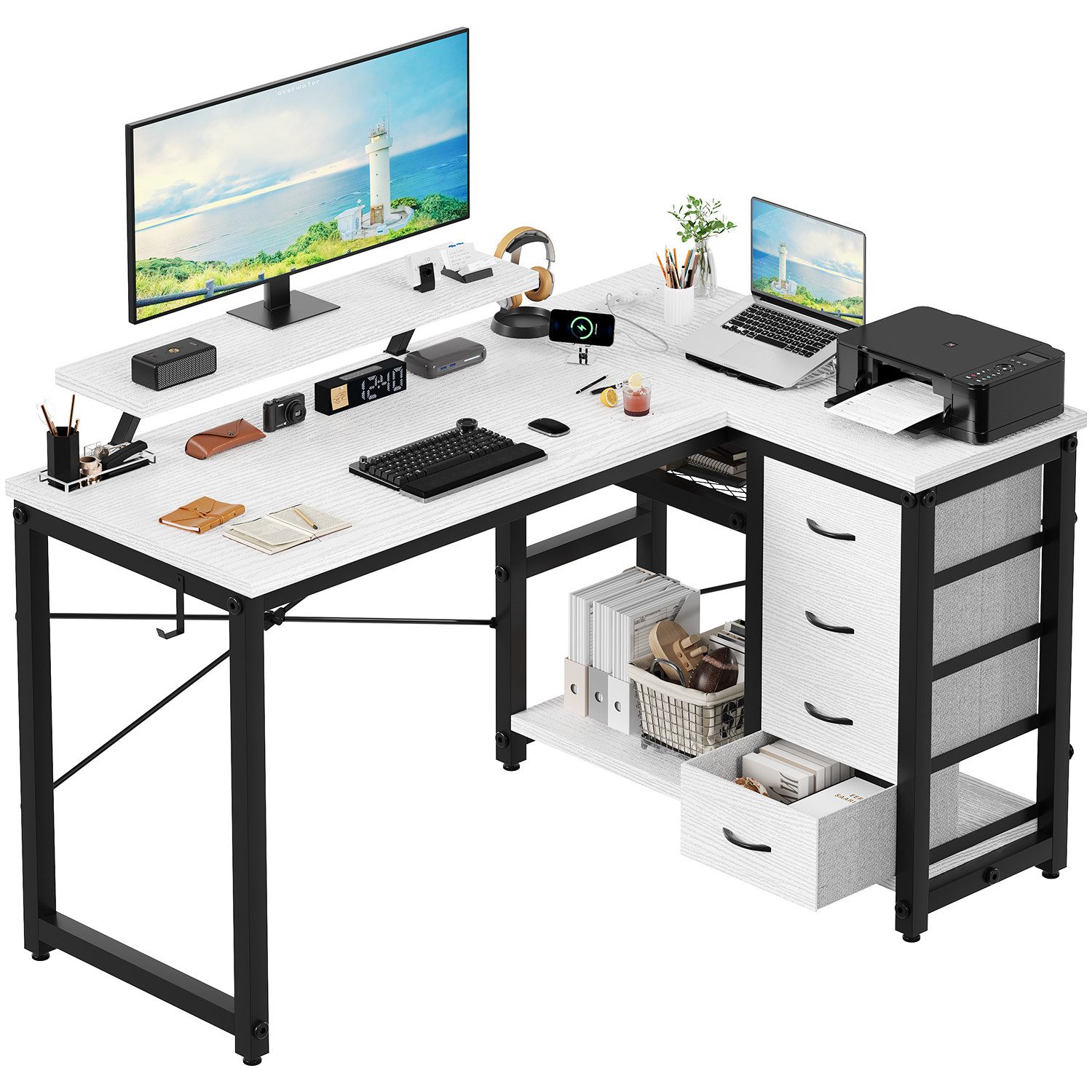 HOMALL Eckschreibtisch 100/120L Form mit Ablagefächern, 2 Tier DIY Lagerregalen Computertisch, Schreibtisch,PC Tisch,Heimbüro