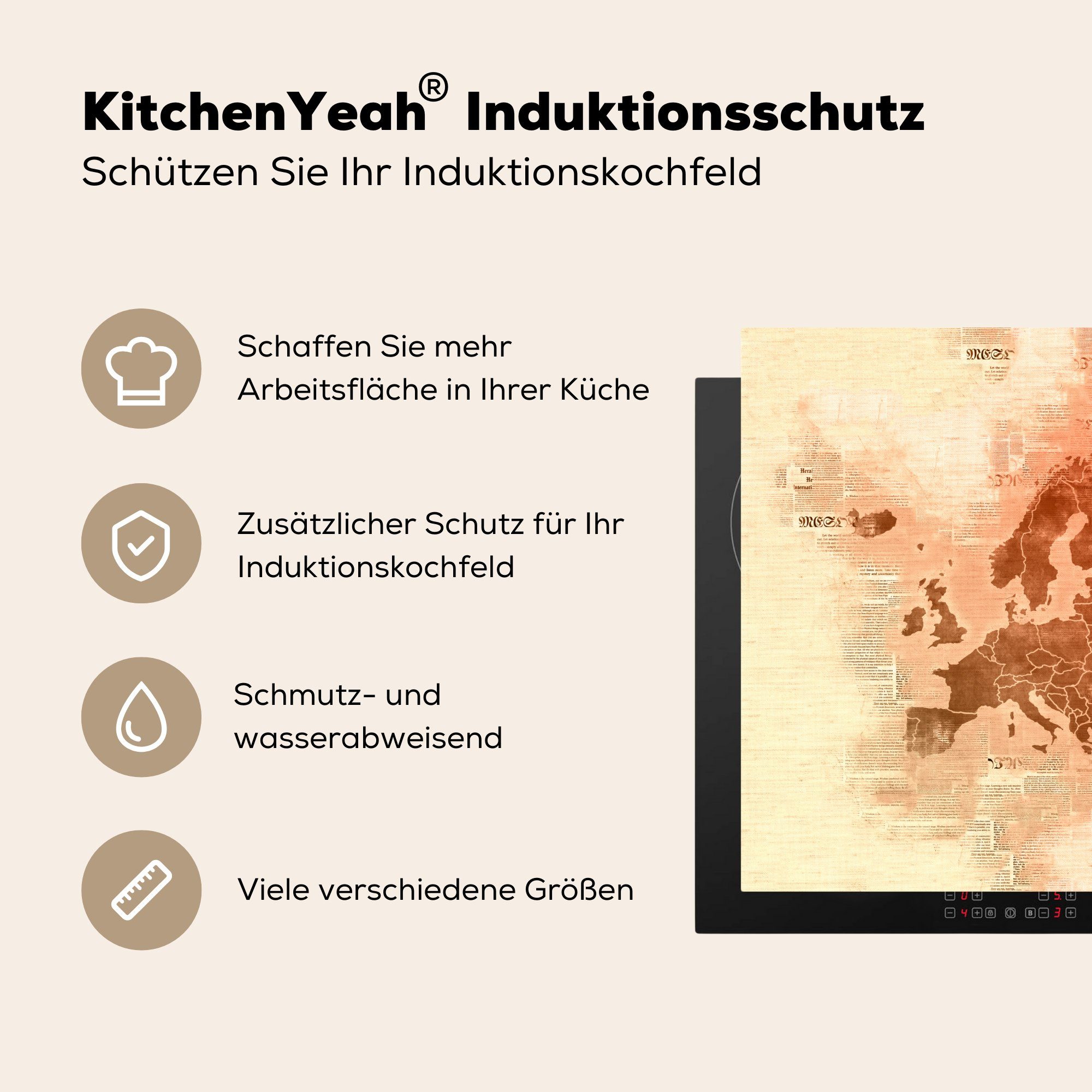 MuchoWow Herdblende-/Abdeckplatte Europa-Karte Braun cm, 78x78 Zeitung, küche für - - Arbeitsplatte (1 - Aquarell Vinyl, Ceranfeldabdeckung, tlg)