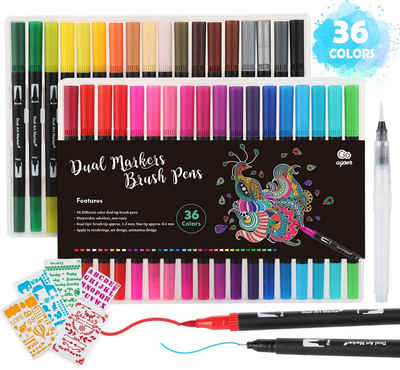 Homewit Filzstift 36 Farben Dual Brush Pen Marker mit 5 Schablonen + 1 Wassertankpinsel, (Set, 36, 36-tlg), Kunst Filzstift Set für Manga, Kalligraphie, Malen