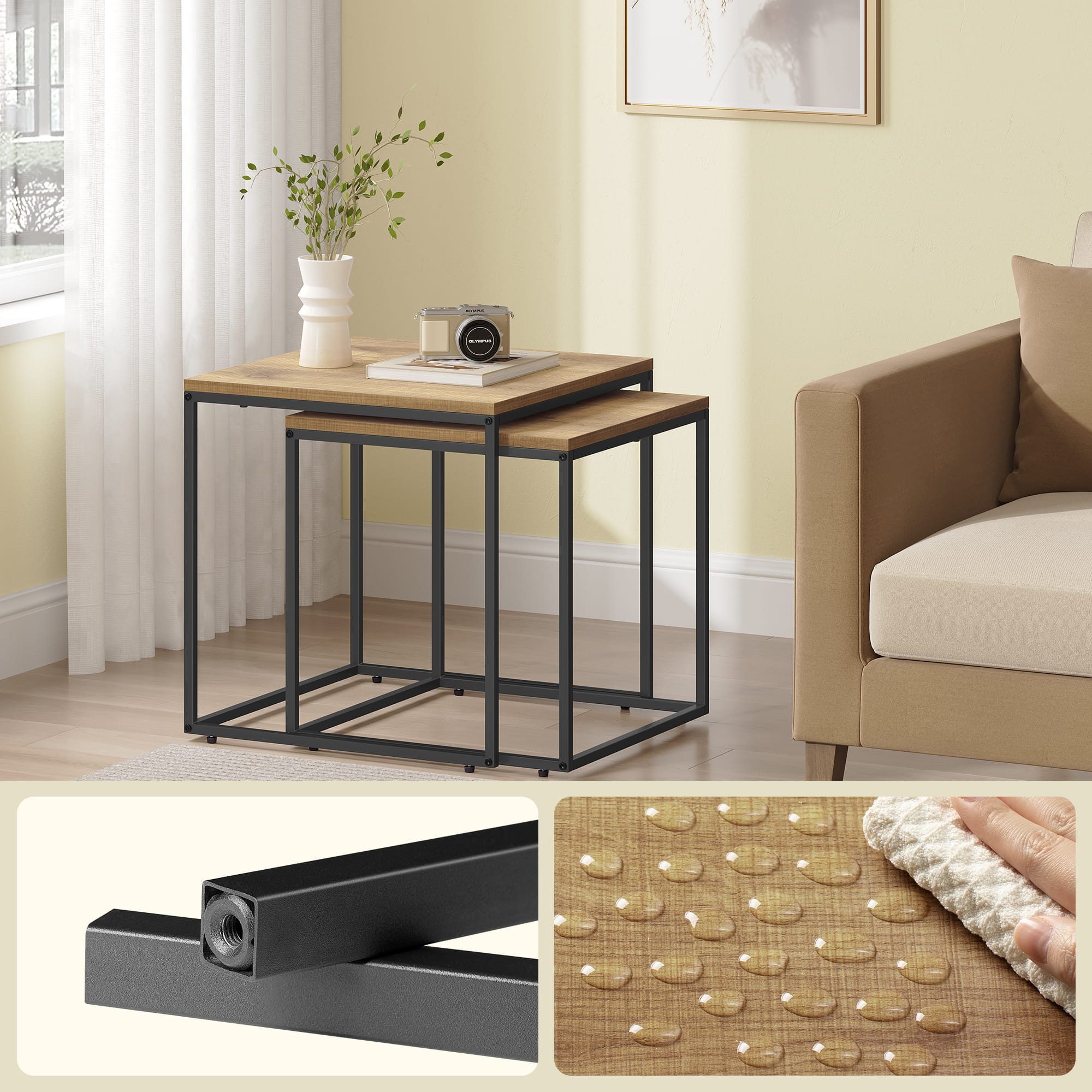 Home Collective Couchtisch 2er Set Beistelltisch Loft Design 2in1 Verschachtelung Wohnzimmer, kratzfeste Oberfläche 50&45cm Sonoma-Eiche schwarz Beinen quadrati – Bild 4 von 5