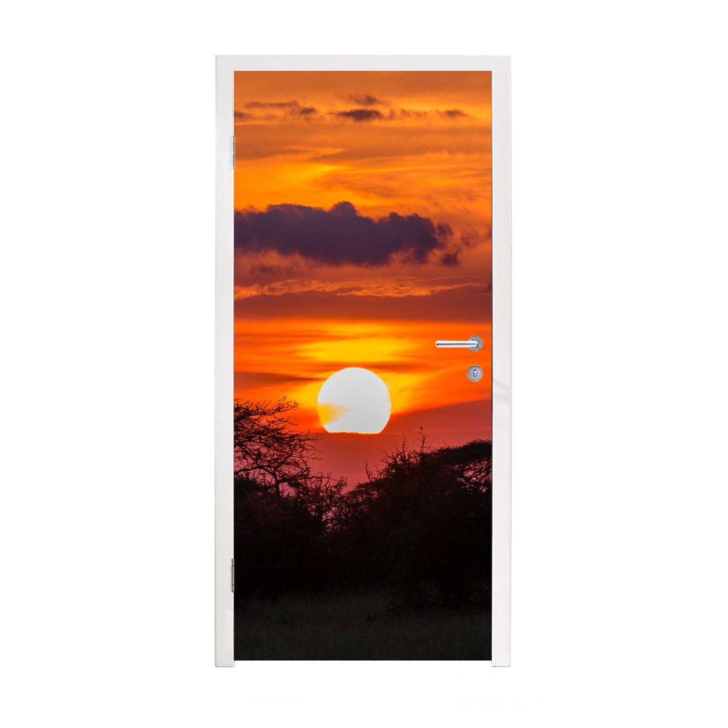 auf (1 Serengeti-Nationalpark Matt, Türtapete cm St), Sonnenuntergang Tür, Blick im 75x205 Tansania, bedruckt, MuchoWow für Türaufkleber, Fototapete den in