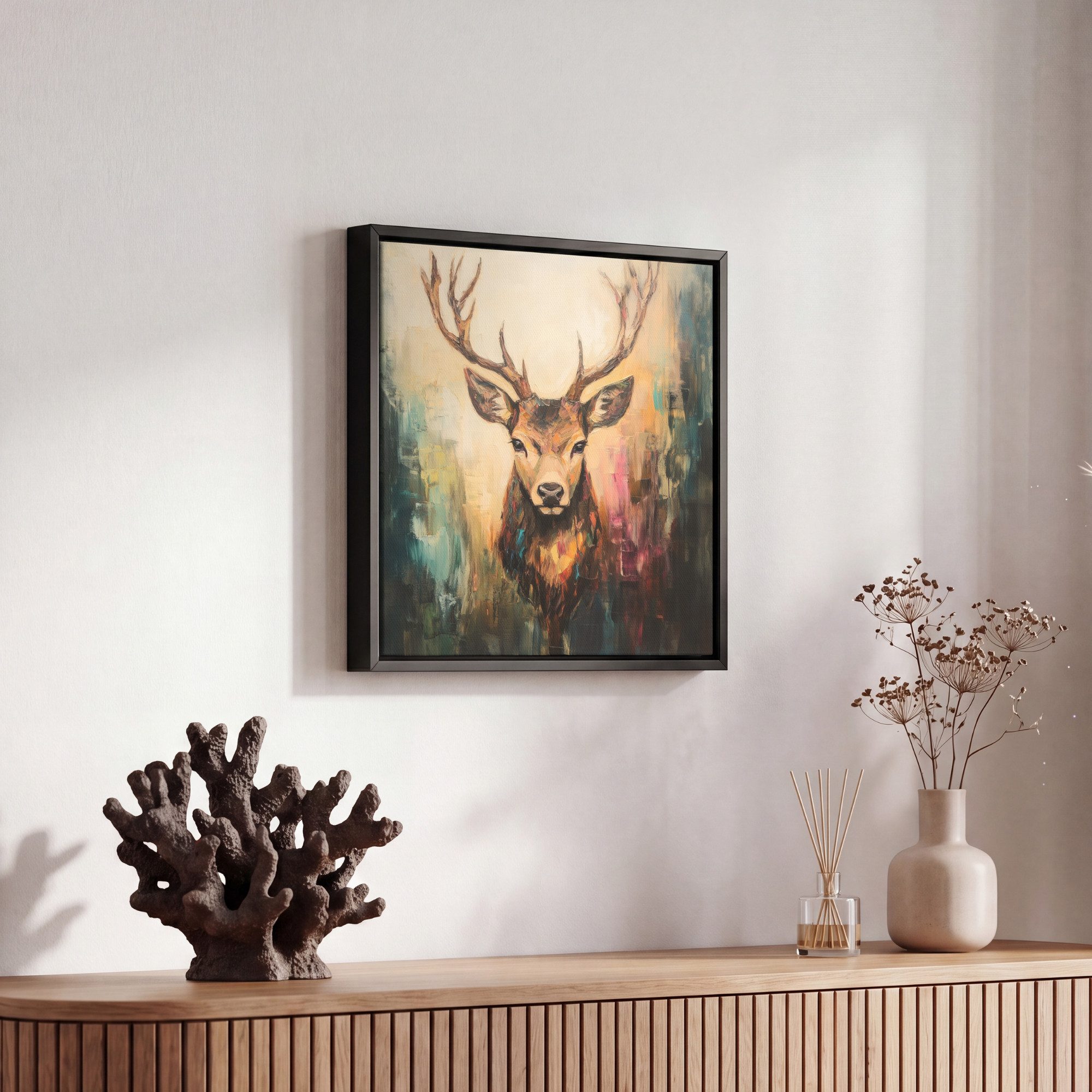 OneMillionCanvasses® Leinwandbild mit Rahmen - Hirsch - Gemalt - Geweih - Braun, Fotodruck (1 St), Leinwand Bilder Klein, Wand Dekoration Aesthetic 20x20cm – Bild 5 von 5