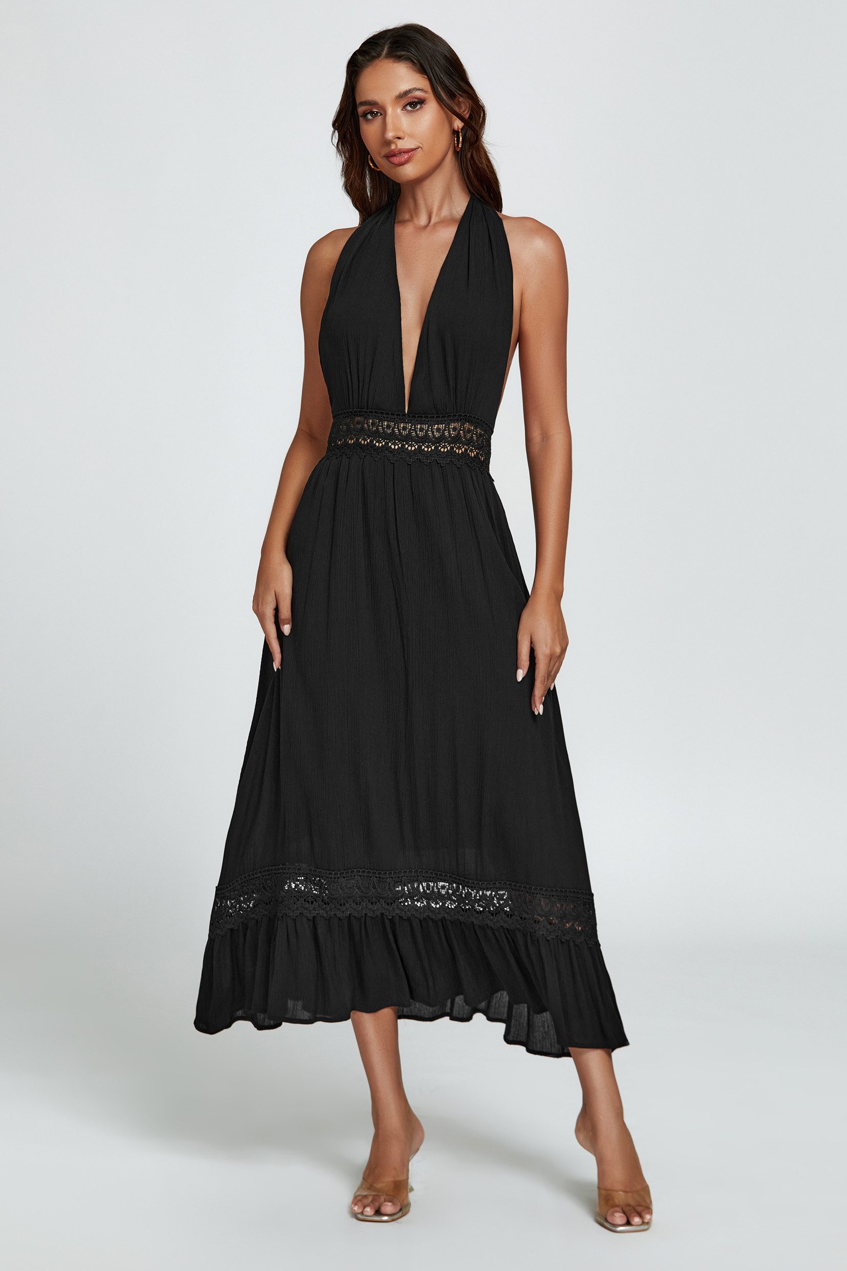 FS Collection Midikleid Damen Sommerkleid Midikleid Halterneck Trägerkleid Rückenfrei (XS (EU:36 / UK:8) · S (EU:38 / UK:10) · M (EU:40 / UK:12) · L (EU:42 / UK:14) · XL (EU:44 / UK:16), 3 Farben : Weiß, Grün und Schwarz) 100% Baumwolle – atmungsaktiv und hautfreundlich