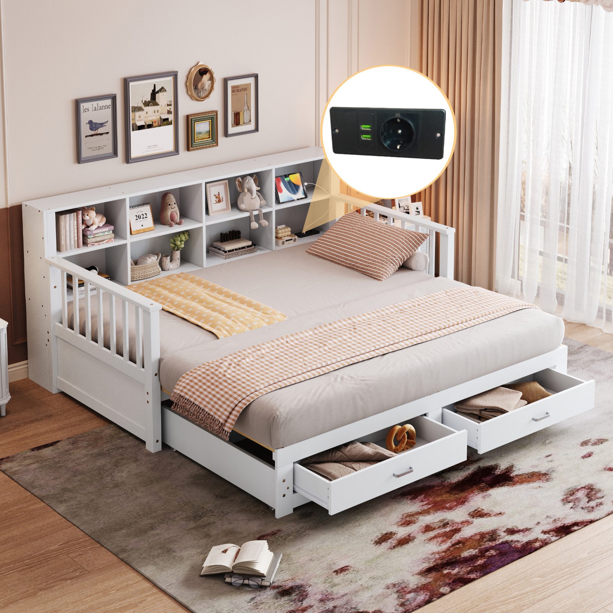 Merax Daybett 90/180x190cm mit USB-Ladeanschluss (Multifunktionales Stauraumbett Tagesbett, Kieferholz, 1 tlg), Ausziehbares Schlafsofa Kinderbett mit Ablagefächern und 2 Schubladen