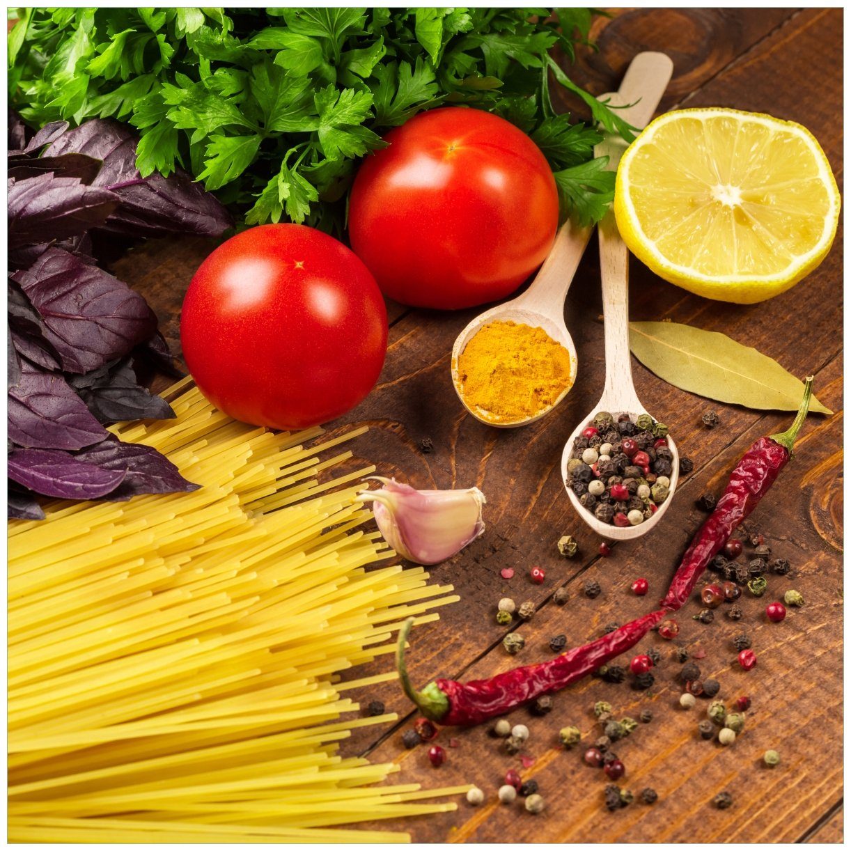 Wallario Tischplatte Italienisches für geeignet Spaghetti, und mit Gewürzen Menü Lack Basilikum St), Tisch Tomaten, (1 Ikea