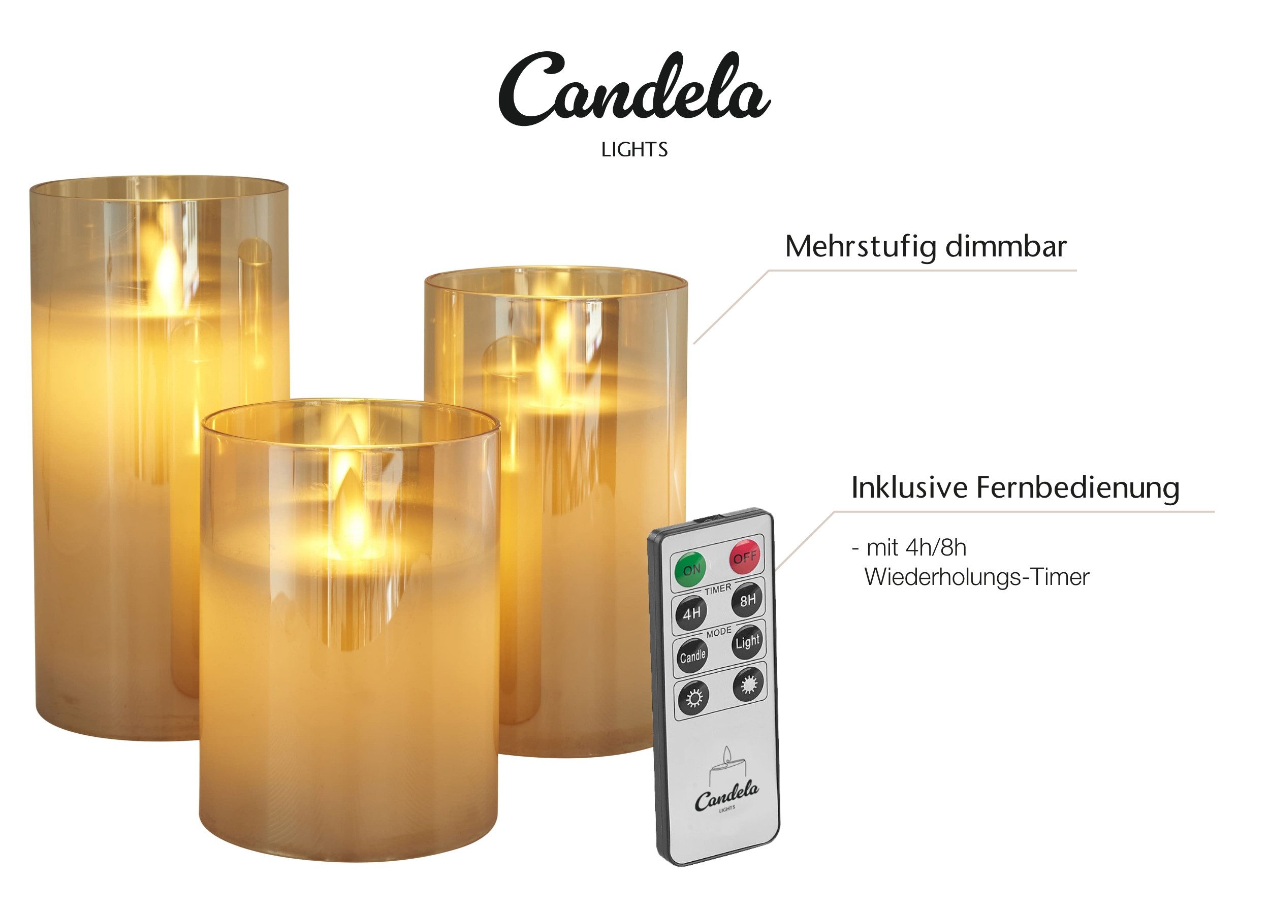 LC Home LED-Kerze LED Kerzen Set Echtwachskerze Glas Timerfunktion Fernbedienung Dimmbar (Spar-Set, 3-tlg., LED Kerzen im Glas 3er Set mit Fernbedienung), Led K – Bild 5 von 5