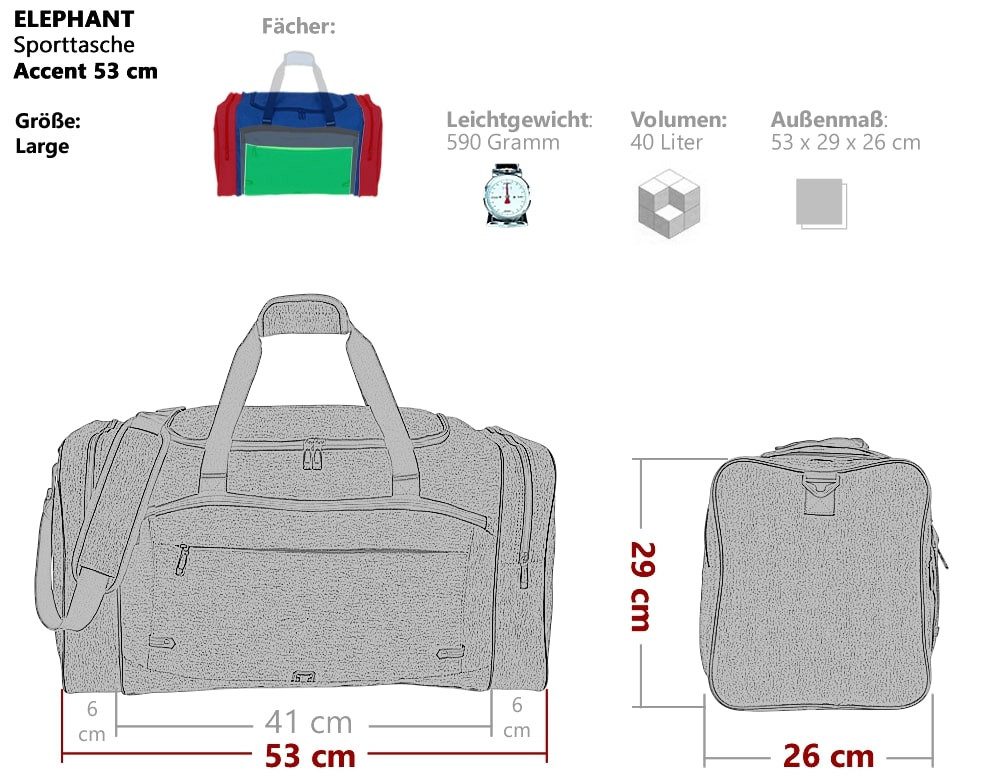 ELEPHANT Sporttasche Reisetasche Sauna Fitness Sport Tasche Accent L 53 cm, 40 Liter Damen Herren Saunatasche Fußball + Trinkflasche