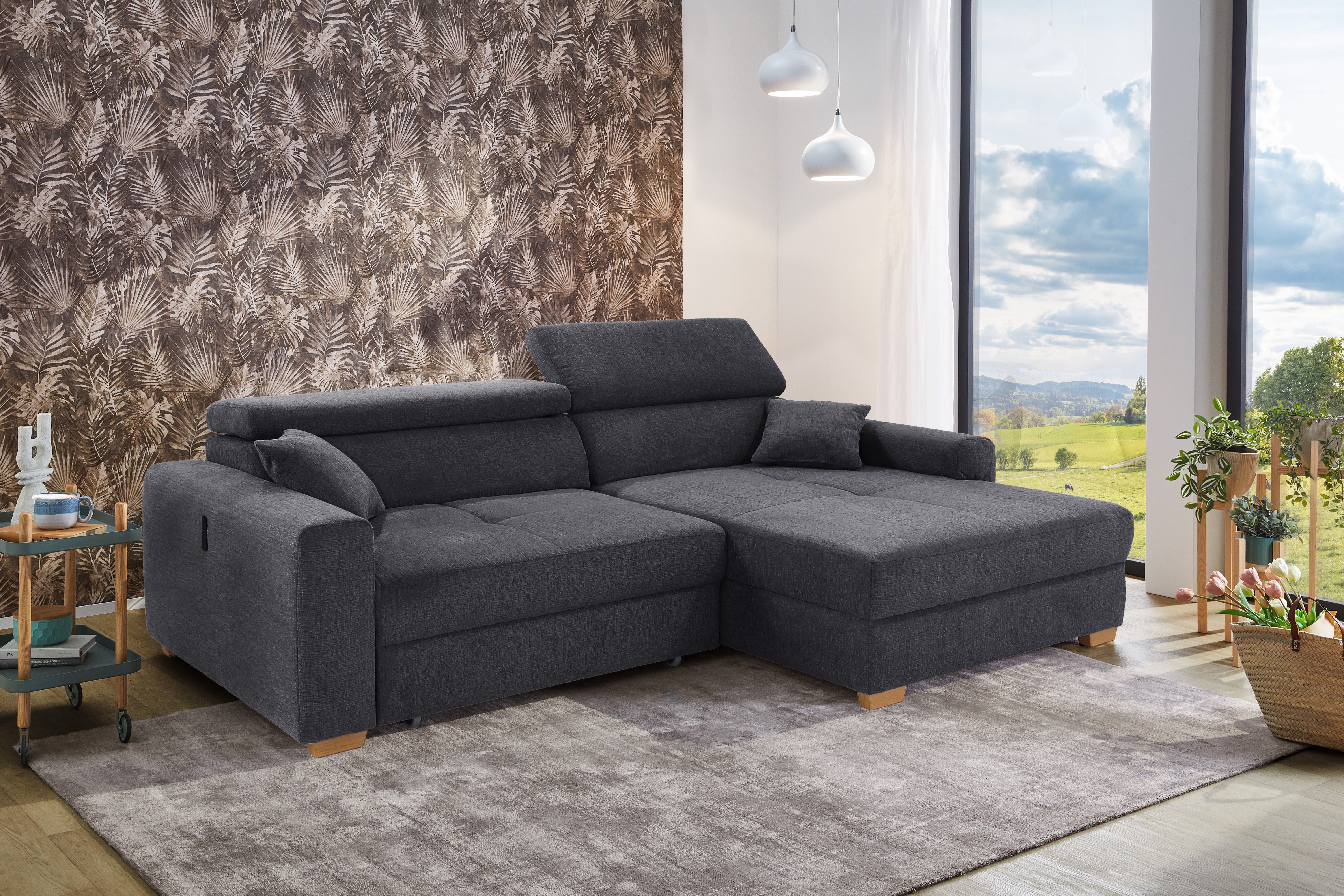 Jockenhöfer Gruppe Ecksofa Slider L-Form, B: 277 cm, mit 60 cm elektr. Sitztiefenverstellung, 140kg Belastbarkeit, USB-Anschluss, Kopfteilverstellung & Zierkissen