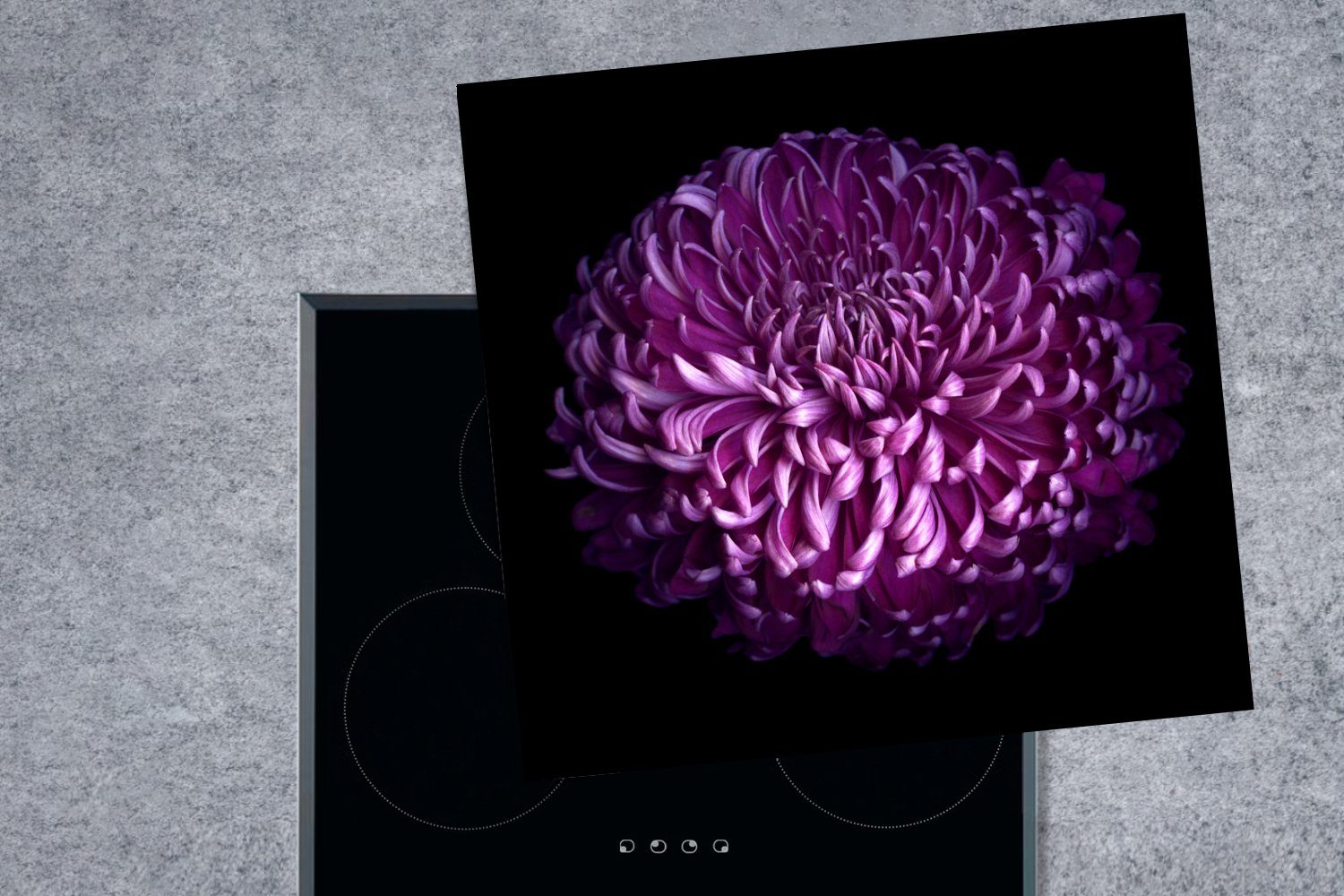 Blume lila schwarzem für Vinyl, MuchoWow Ceranfeldabdeckung, Hintergrund, tlg), cm, küche Herdblende-/Abdeckplatte (1 Die auf Arbeitsplatte einer Blätter 78x78