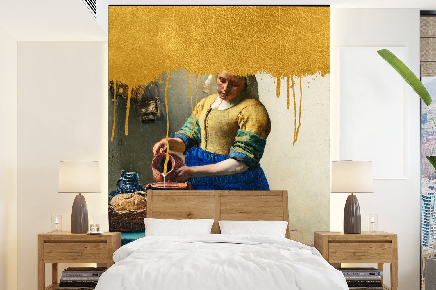 MuchoWow Fototapete Milchmädchen - Gold - Alte Meister, Matt, bedruckt, (4 St), Montagefertig Vinyl Tapete für Wohnzimmer, Wandtapete | Fototapeten