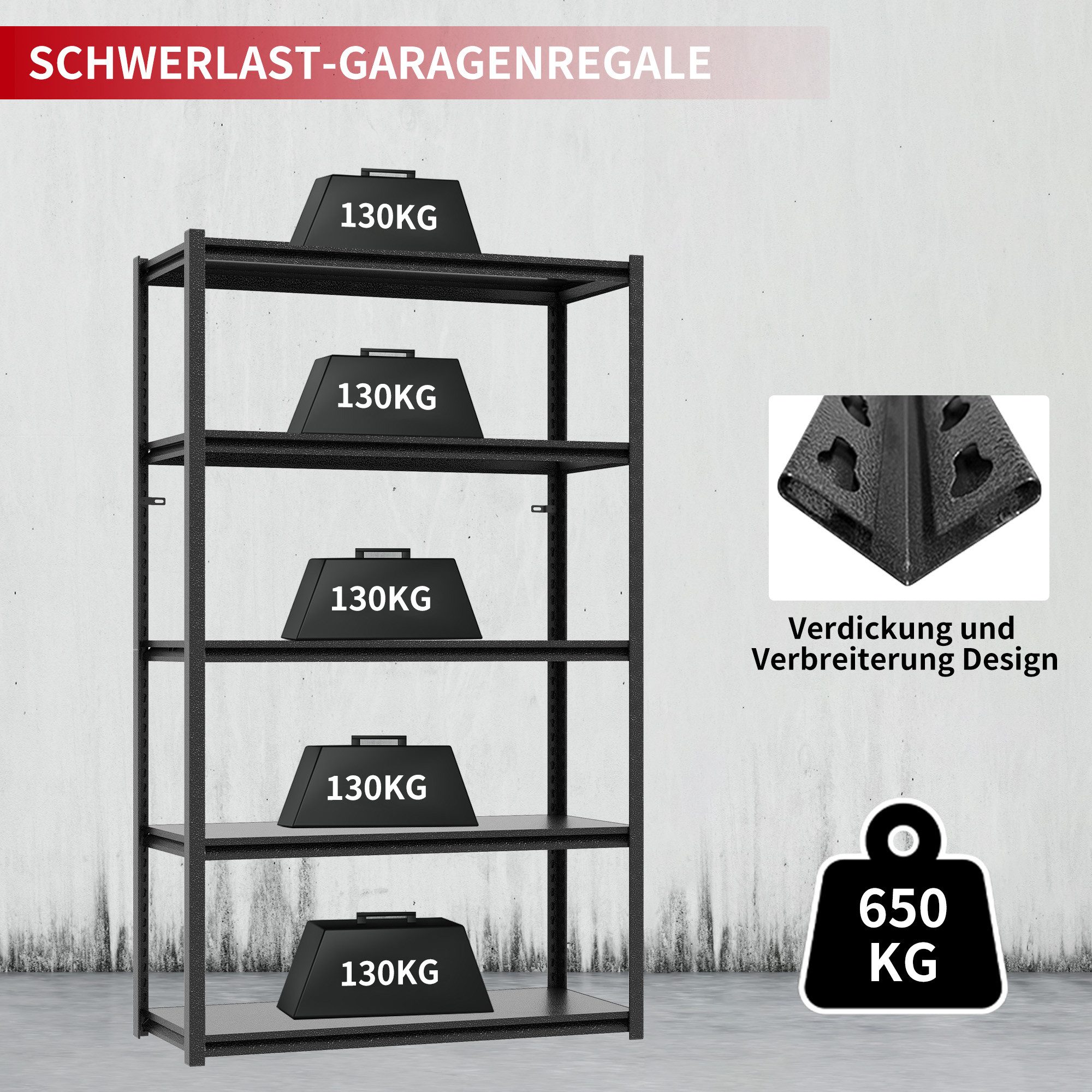 Odikalo Schwerlastregal Steckregal Lagerregal Höhenverstellbar 650 kg mehrere Größen Schwarz – Bild 4 von 5