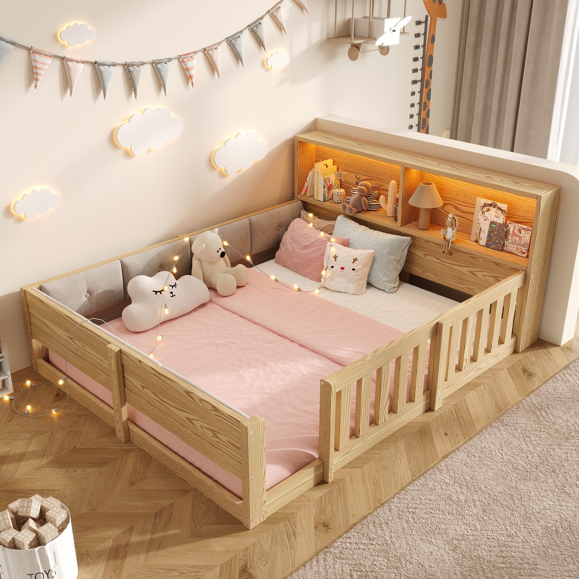 Flieks Holzbett, Kinderbett Bodenbett 140x200cm mit LED-Lichtleiste