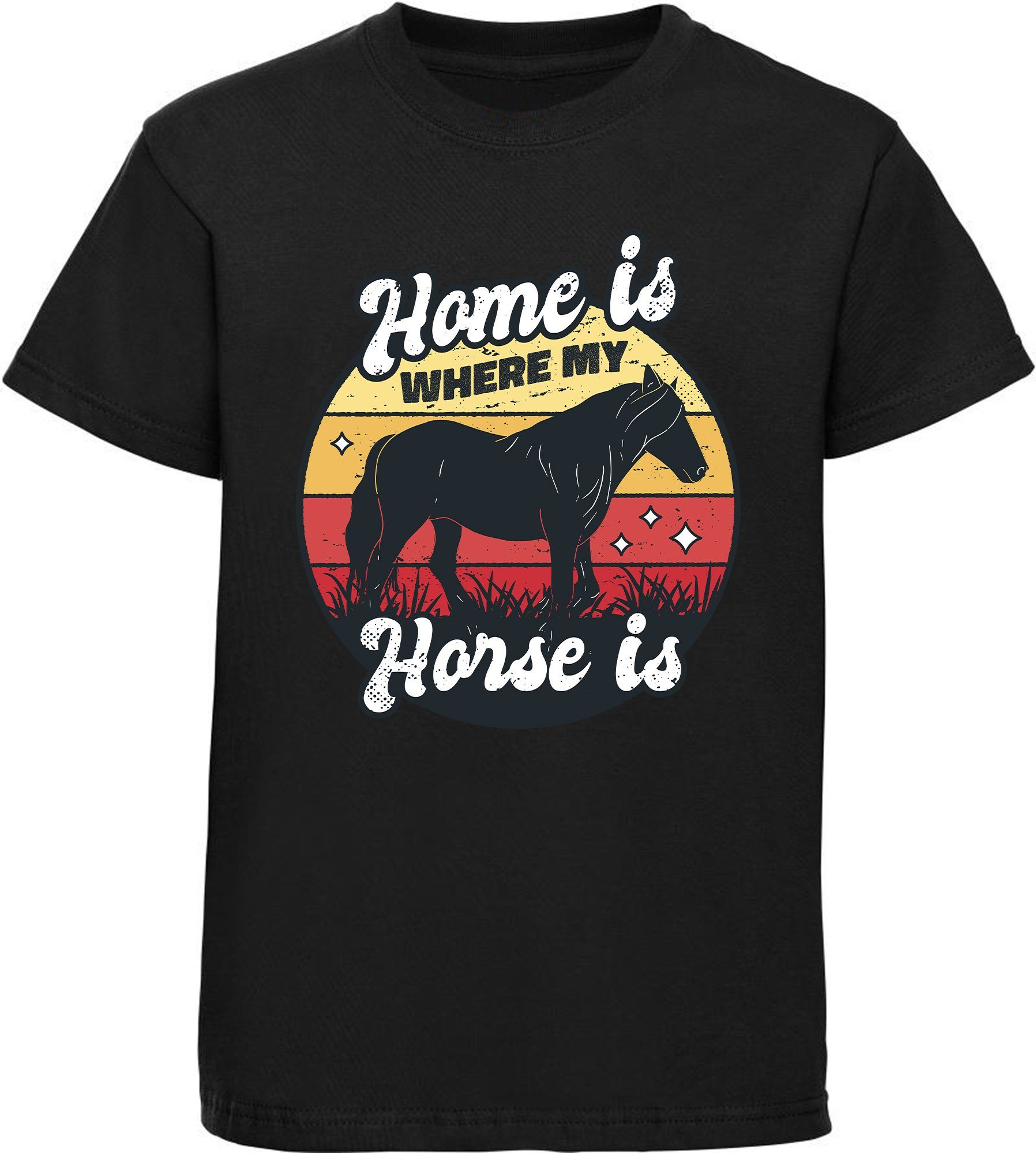 schwarz Mädchen mit - is T-Shirt is horse Aufdruck, Print-Shirt Home my where bedrucktes i156 Baumwollshirt MyDesign24