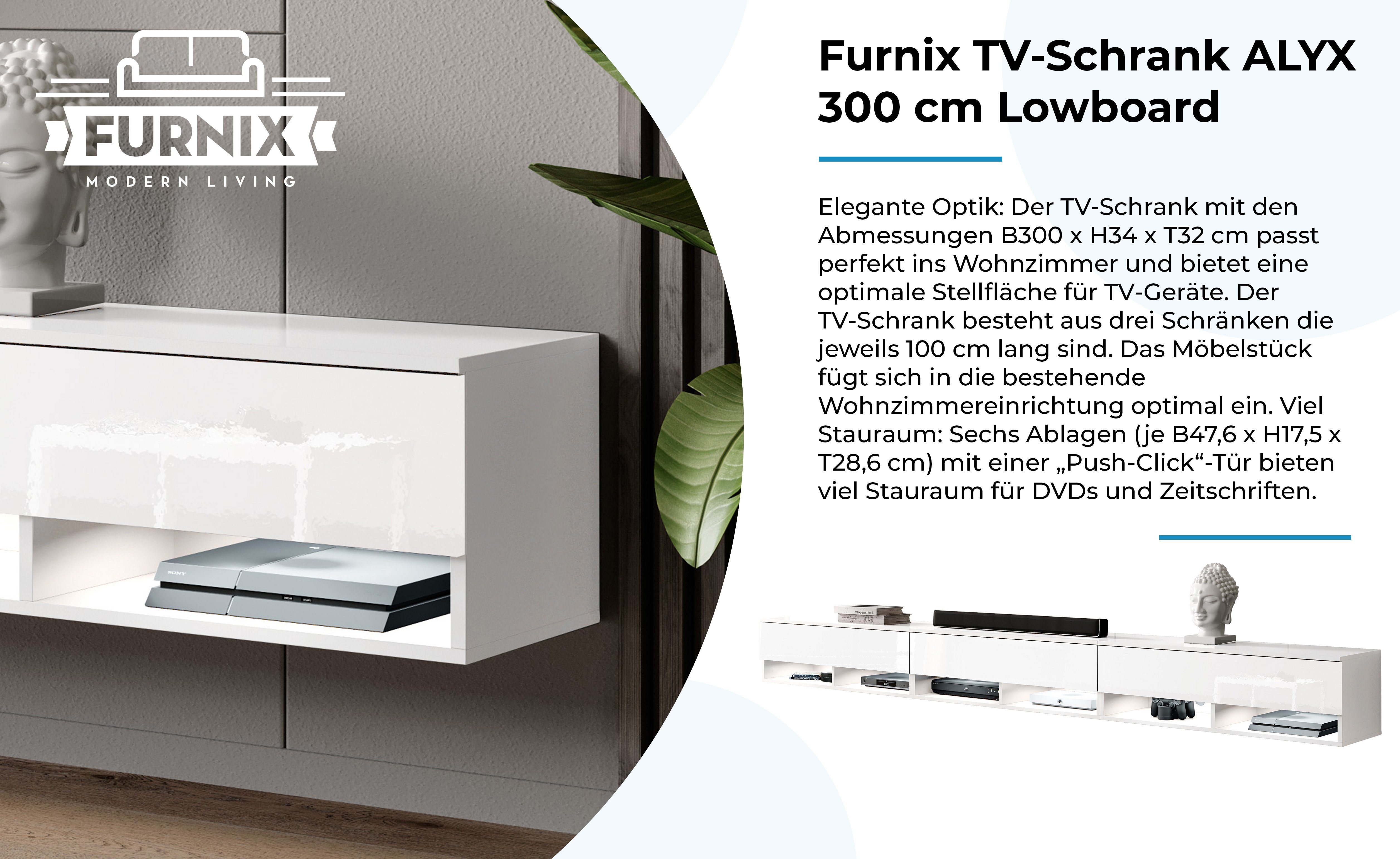 TV-Schrank x H34 300 Lowboard LED cm x ohne cm Türen Furnix B300 Glanz Weiß/Weiß ALYX T32 mit TV-Kommode 3
