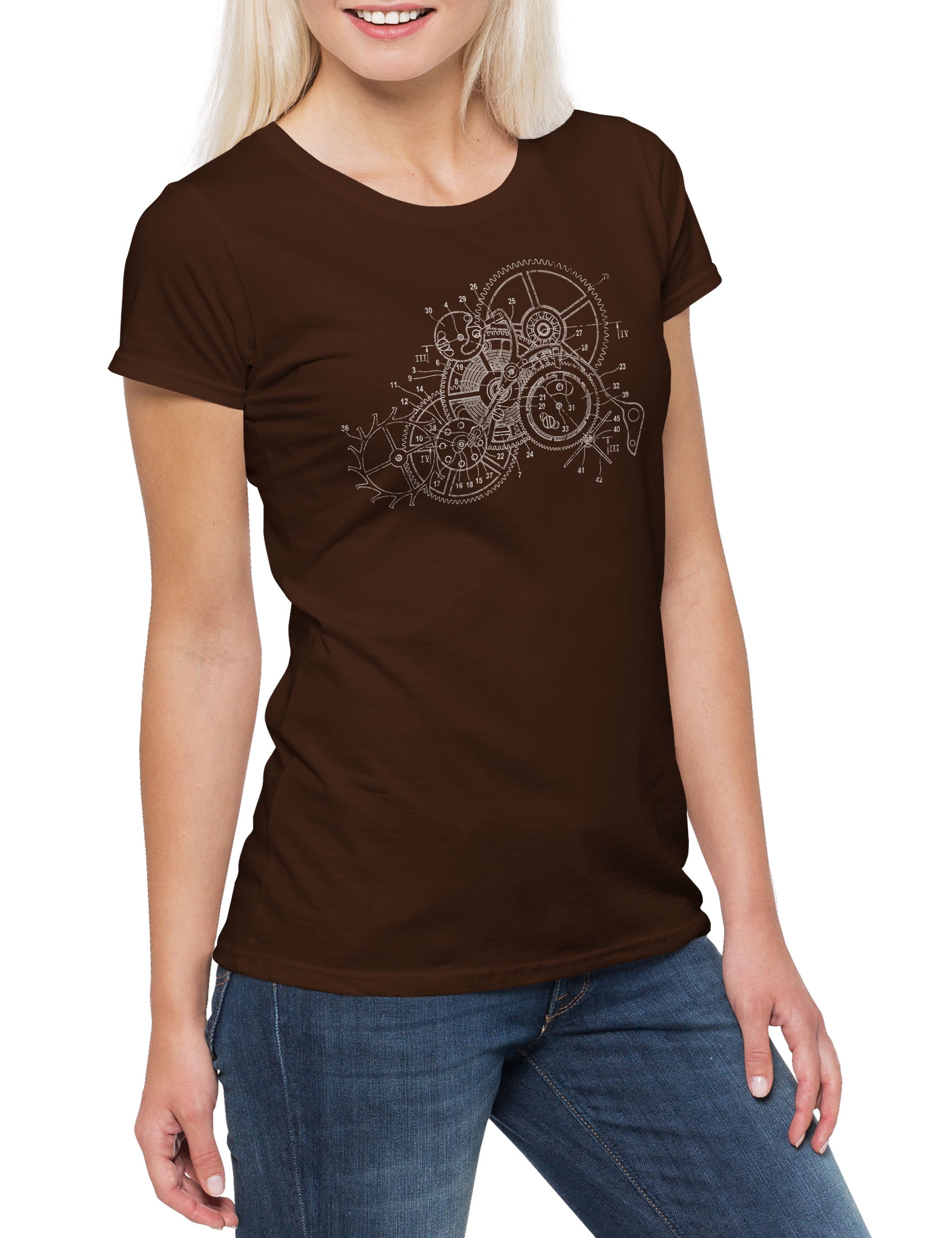 Print-Shirt Wooden Uhrwerk Damen T-Shirt Holz Uhr Uhrmacher Clockwork Uhren Watch