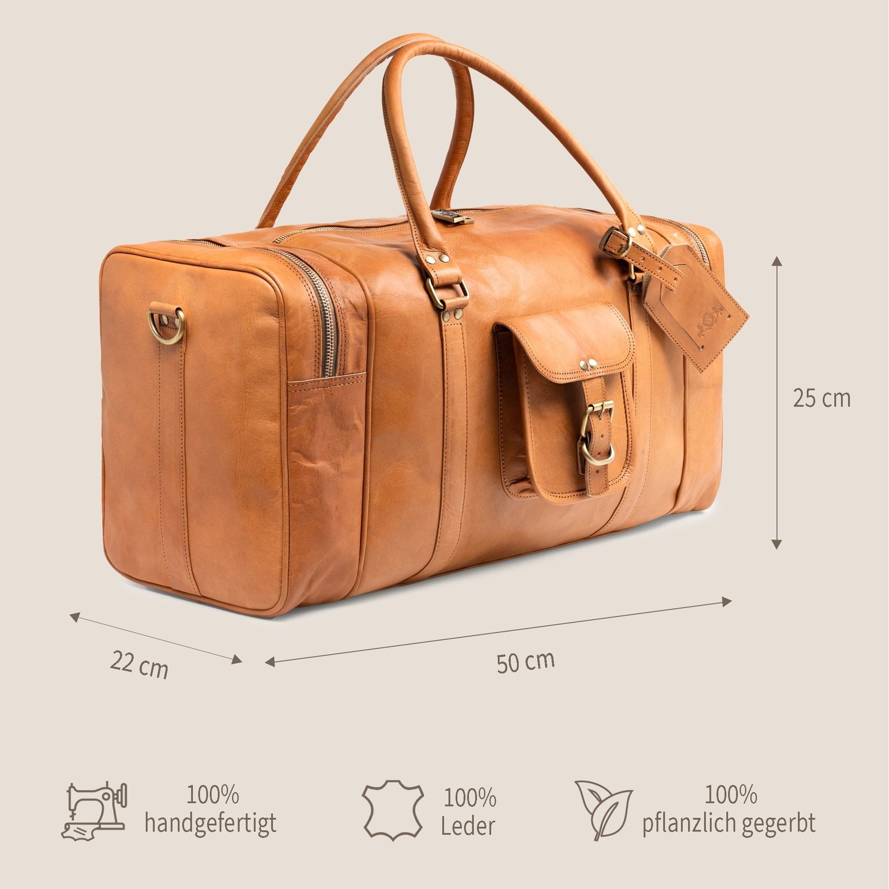 SID & VAIN Reisetasche Weekender aus Leder Unisex LANDON in hellbraun (1x Reisetasche, 1x Schultergurt, 1x Dustbag, 1x Adressanhänger), Hochwertige Reisetasche Ziegenleder 50 cm in hellbraun