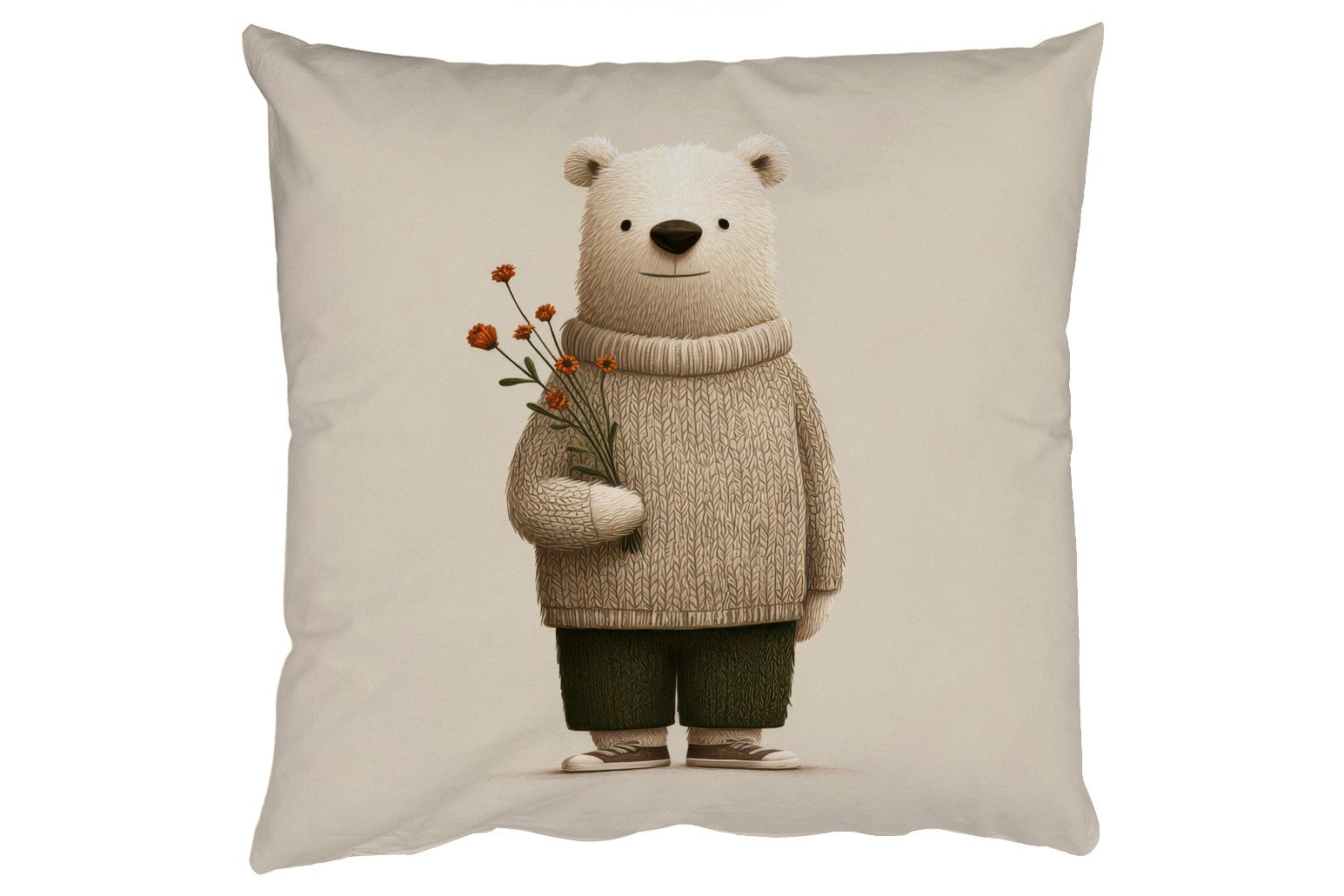 MuchoWow Dekokissen Teddybär - Orangefarbene Blumen - Freundlich, Zierkissen, Deko Kissen mit Füllung, Sofakissen, 60x60 cm