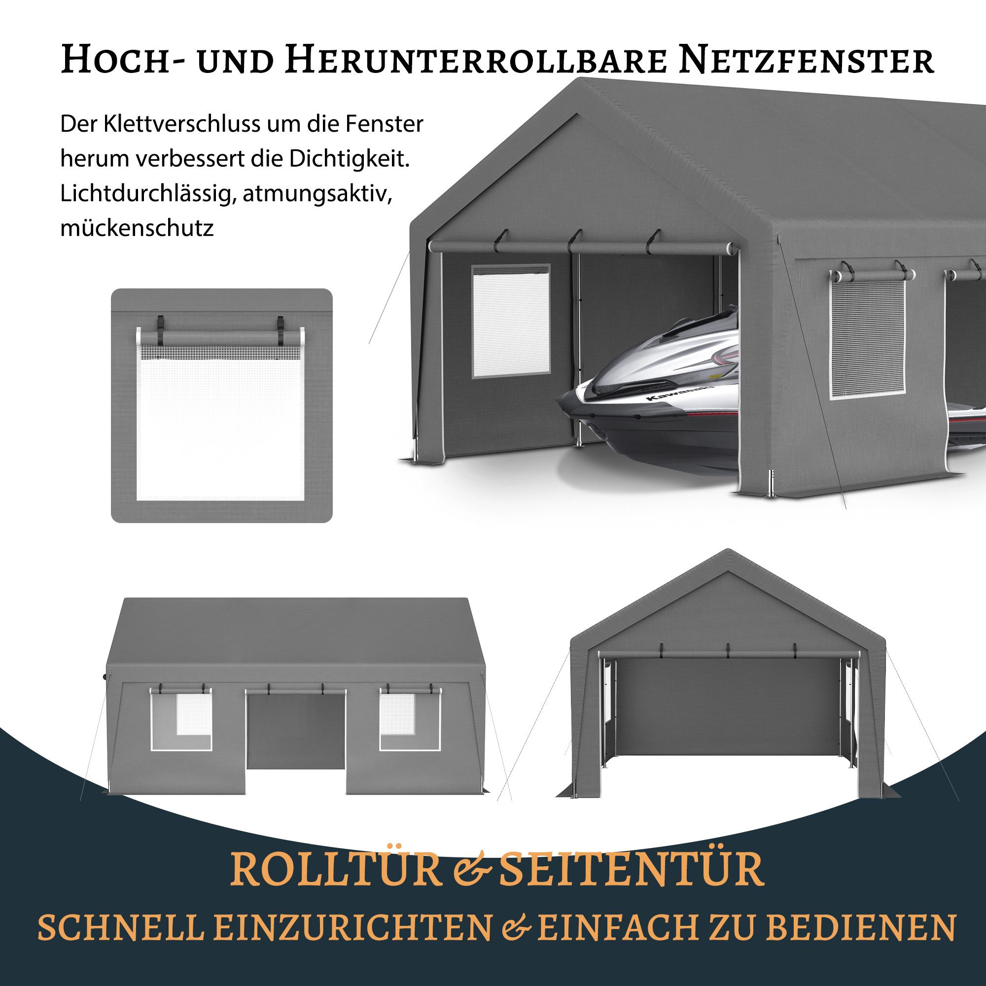 Blossom Garage 6×4×3 m Carport Wetterfeste Fahrzeuggarage mit verzinktem Stahlrahmen (Rolltoren & Fenstern), Gartenhaus wasserdichter UV-beständiger Plane für Auto & Garten