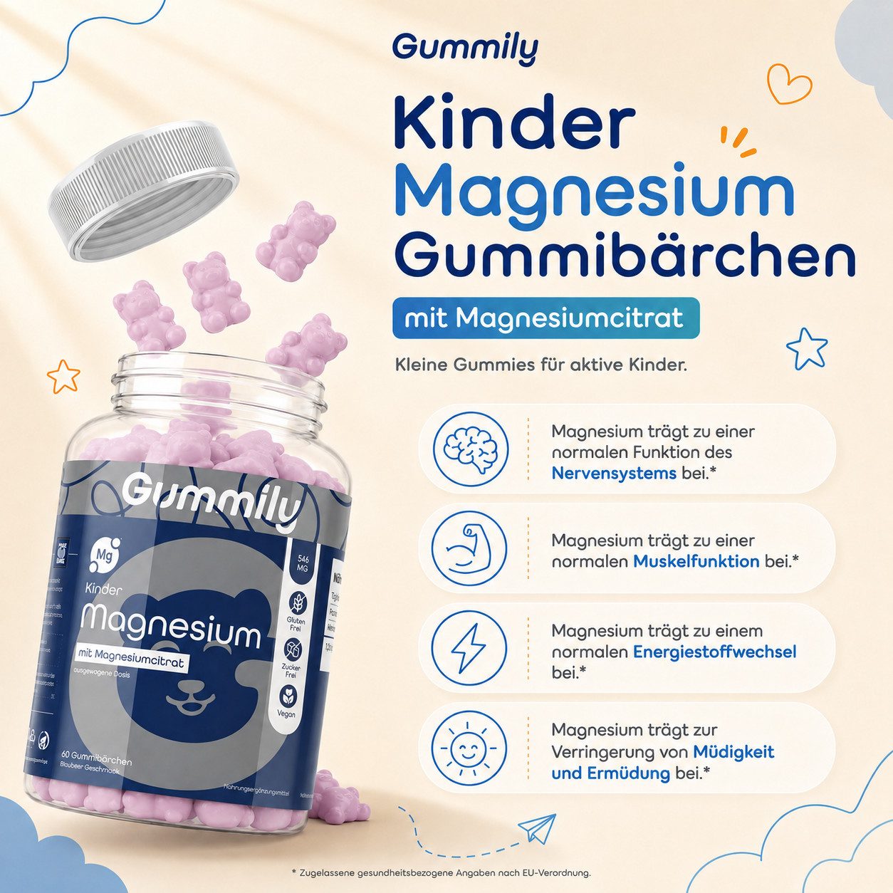 Gummily® Kinder Magnesium Gummibärchen, 60 St., 2-Monats-Vorrat - Laborgeprüft - Magnesiumcitrat Gummibärchen