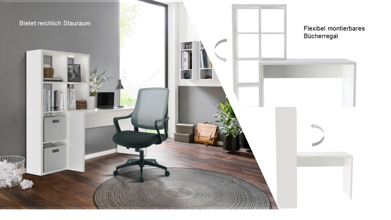 OTTO home Regal-Schreibtisch Triest, Computertisch mit Raumtrenner, Breite 156 cm, Regalelement flexibel montierbar, 6 Fächer, Tischbreite 120 cm