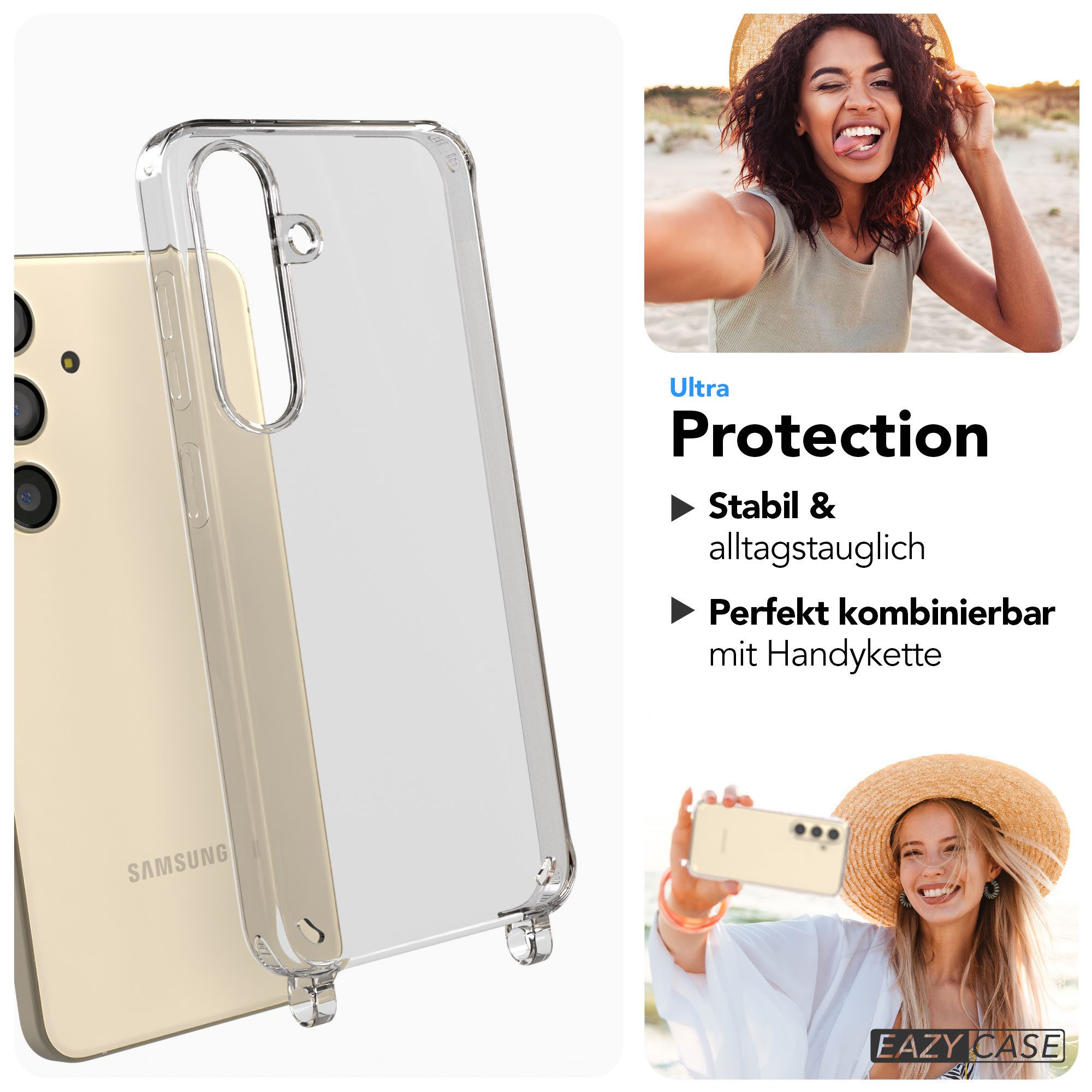 EAZY CASE Handykette Handyhülle für Handyketten mit Befestigungsösen für Samsung Modelle 6,2 Zoll, Hülle für Handykette, Transparent mit Ösen für Samsung Galaxy S24