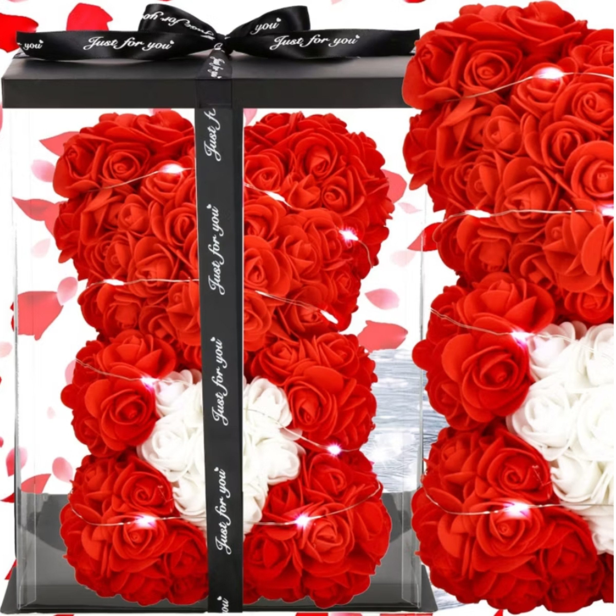 AMORE MIO LED Dekoobjekt Rosenbär mit Herz 25 cm Geschenkbox Valentinstag Teddy LED, LED fest integriert, Herzmotiv LED Rosenoptik dekorativ Geschenkfertig Teddy Figur
