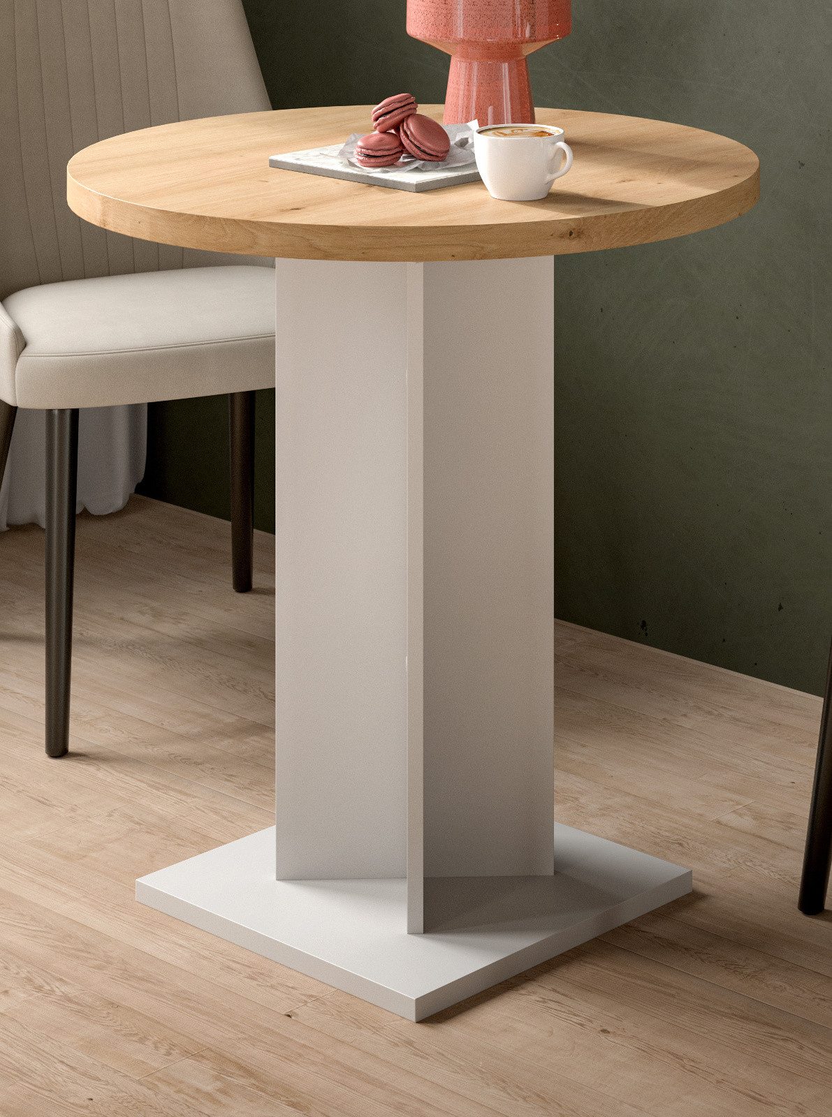 Inn.Furn Säulen-Esstisch Anton (Küchentisch in Eiche Artisan und Weiß, rund, Ø 70 cm), melaminbeschichtet und bis 30 Kg belastbar
