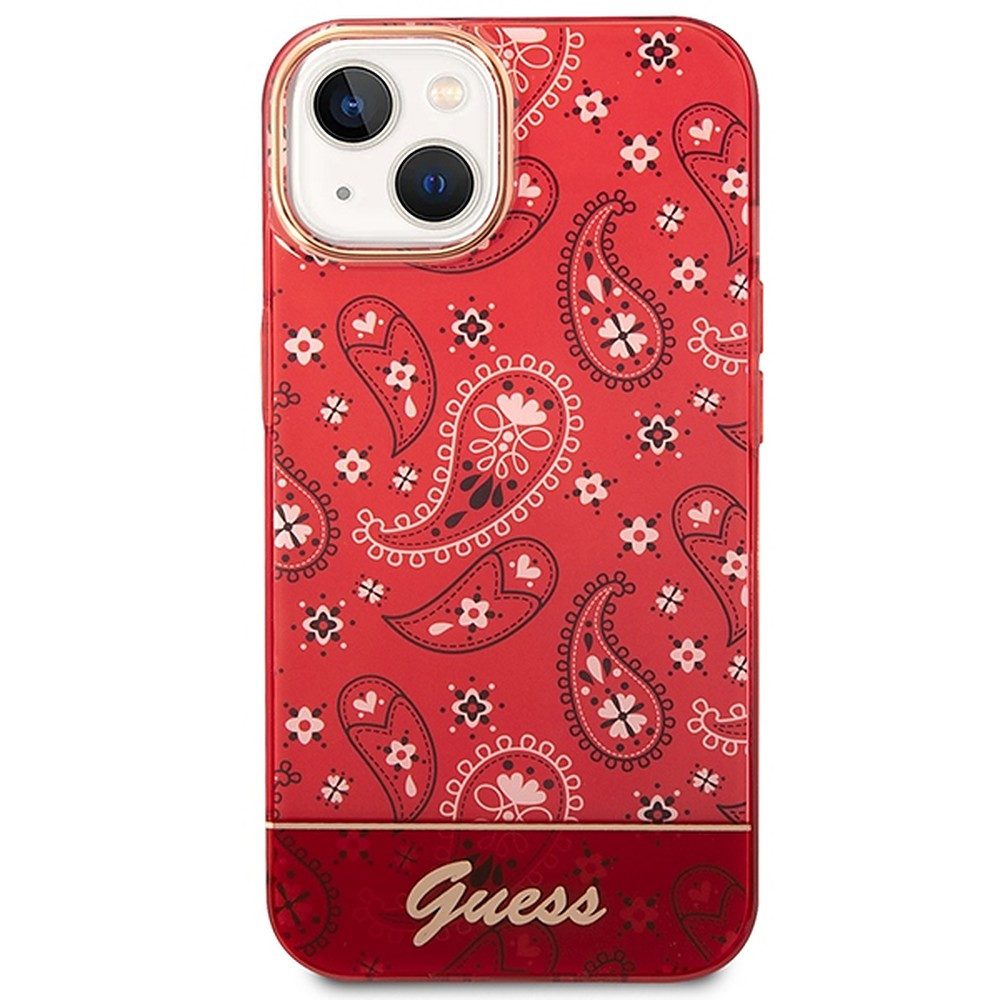 Guess Bandana Handyhülle Schutzschale Paisleymuster, (Spar-Set, 1-St. 6,7 Zoll kratzfest), Paisley-Muster, Gold-Logo, Kratzschutz, iPhone 14 Plus