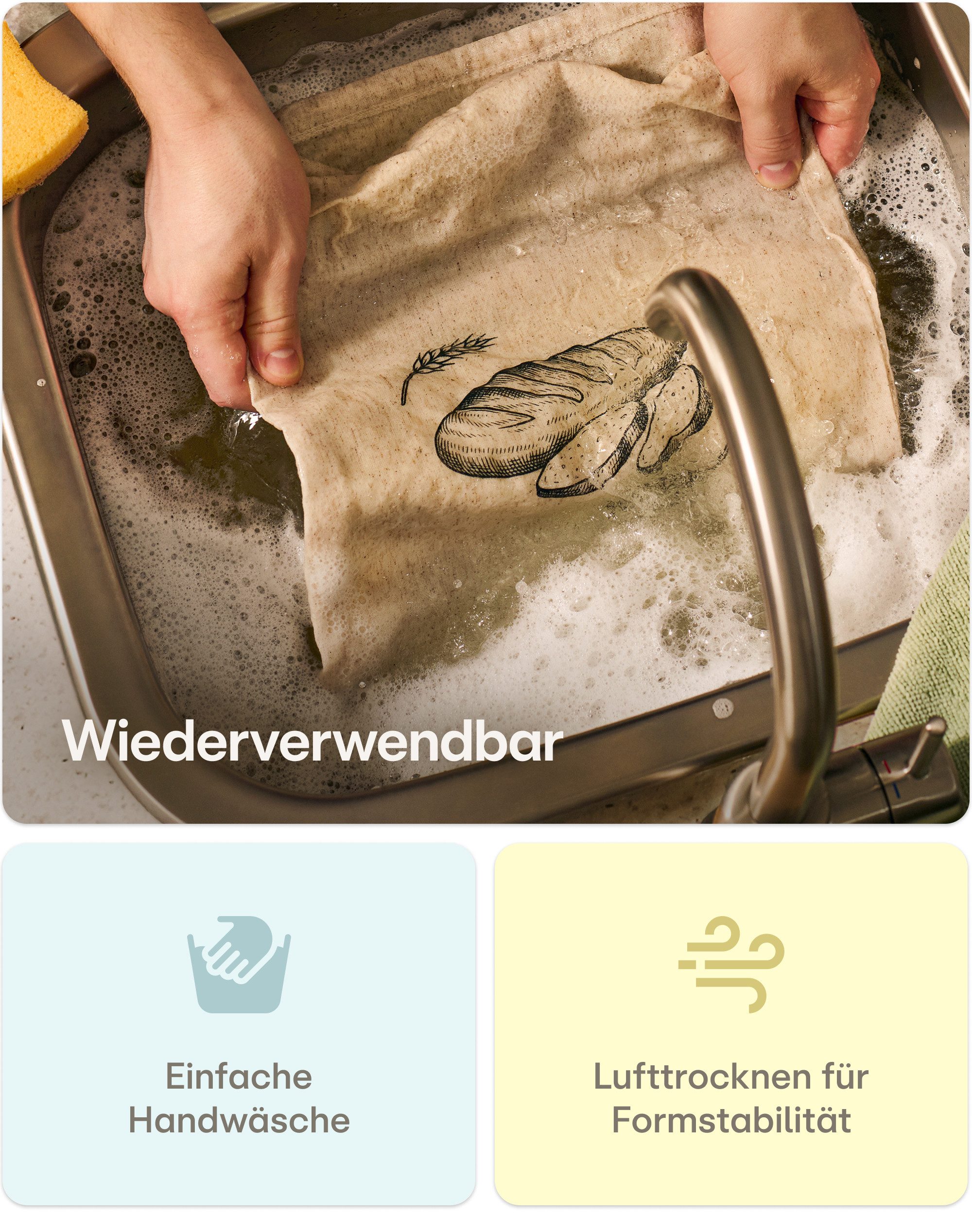 Praknu Brottasche 2x Brotbeutel Baumwolle & Leinen 30x40cm – Großer Brotsack aus Stoff, Baumwoll-Leinen-Mischung, (2er Set, 2 x Brotbeutel aus Baumwolle & Leine – Bild 5 von 5