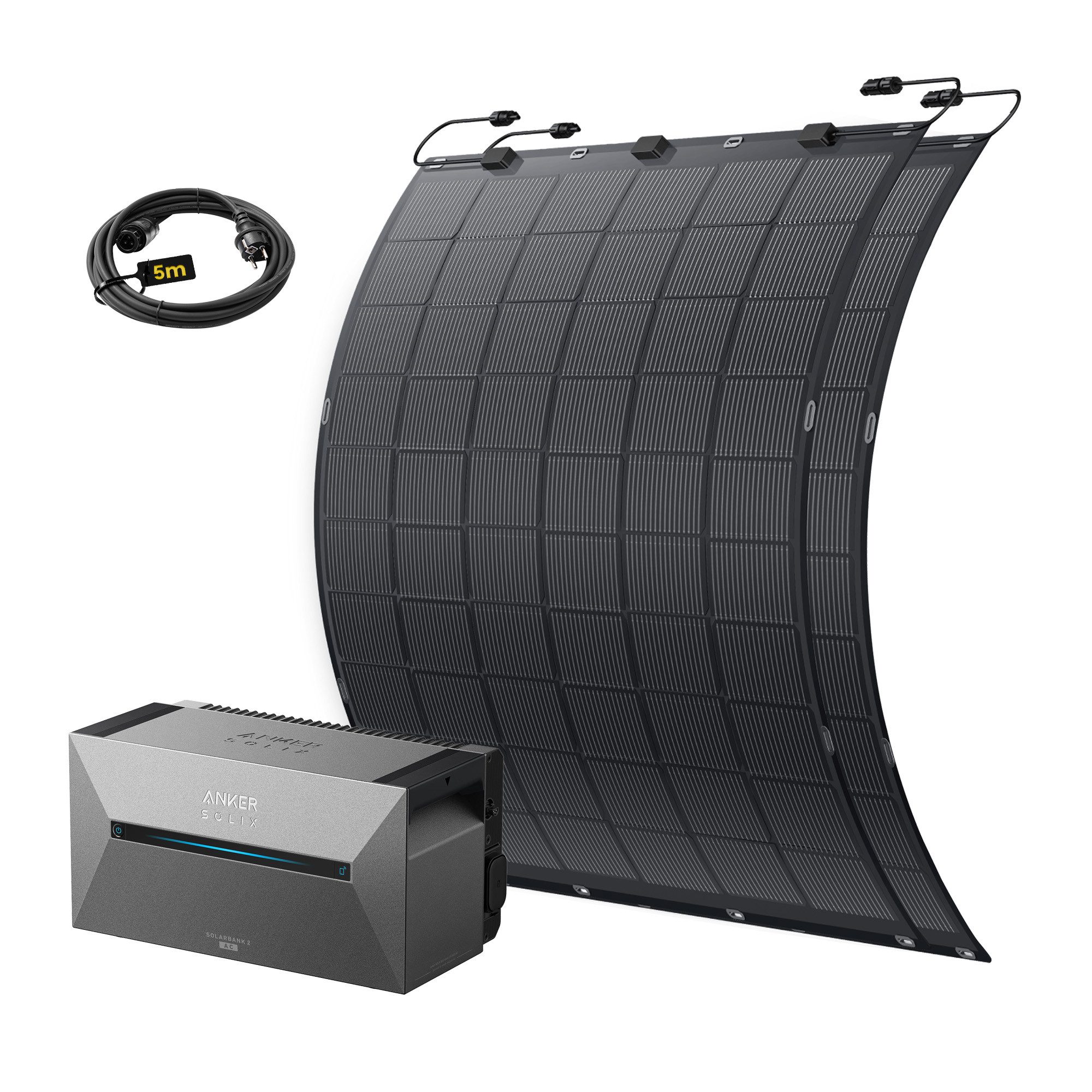 SolarMars Solaranlage Balkonkraftwerk mit Speicher, mit Flexibles Solarpanel, (Anker Solix Solarbank2 E1600 PRO, 1,6kWh, 4 MPPT 2400W Solareingang, 1000W AC), Solarmodul 2x225W für Balkon Dach Wand und Wohnmobil