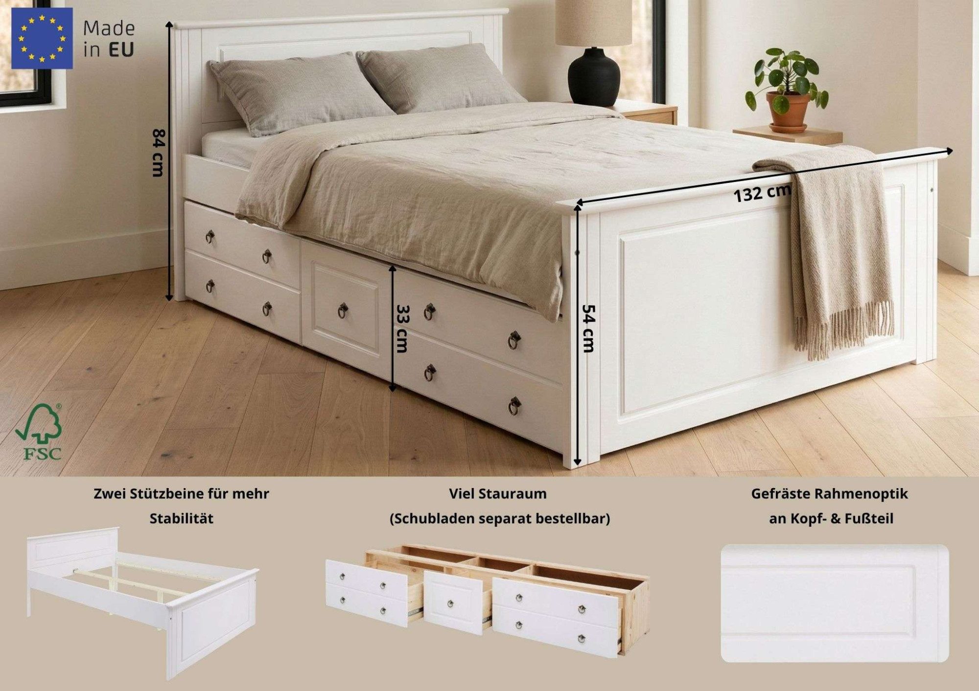 OTTO home Massivholzbett Hugo, FSC® zertifiziert, Landhausstil, zeitlos und edel (auch als Super Sparset inklusive Schubkästen), Stauraumbett, extra belastbar, Made in EU, viele Breiten
