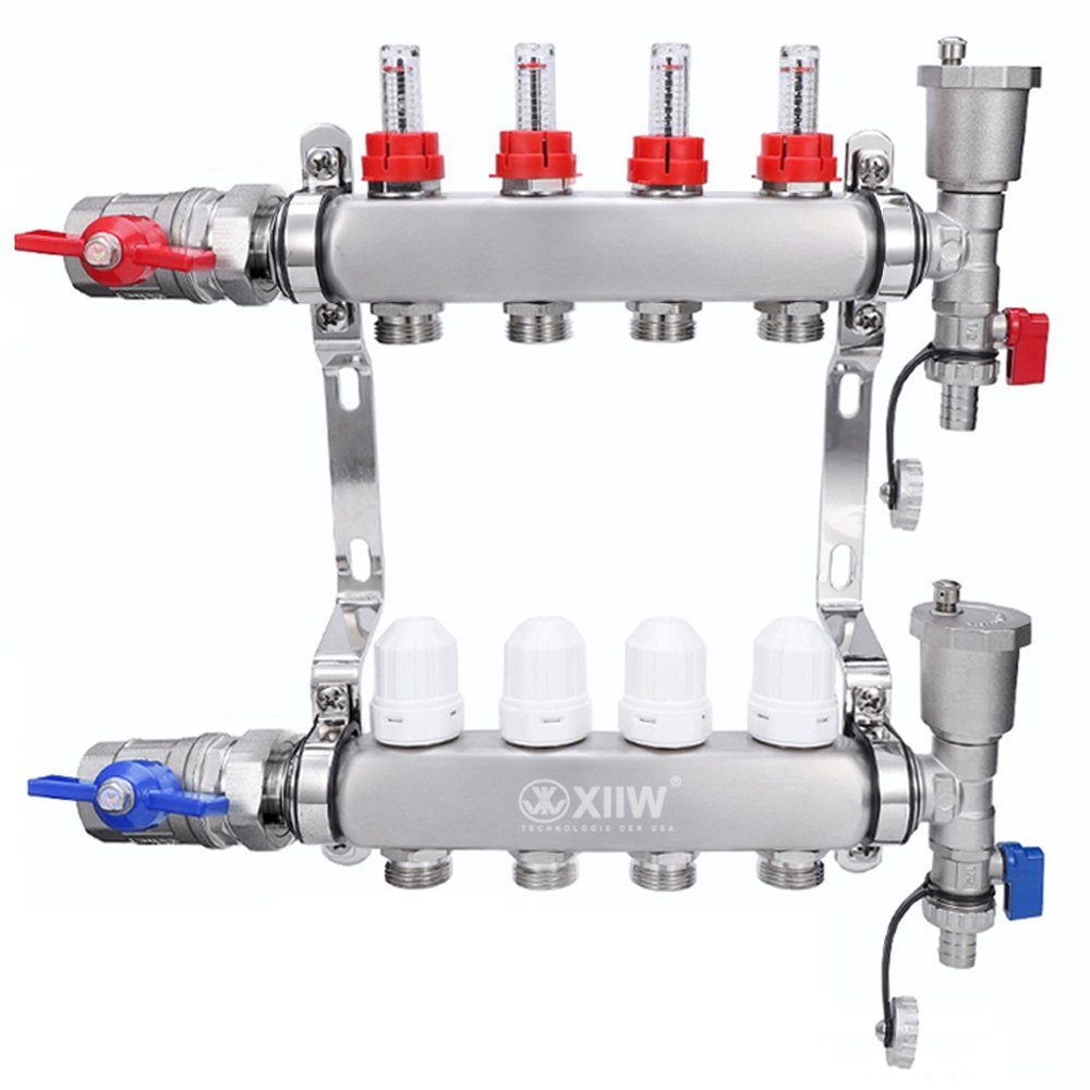 XERSEK Fußbodenheizung Edelstahl Heizkreisverteiler 4-8 Fach Heizkreise für Fußbodenheizung, mit Entlüfter Durchflussmesser für HKV 4 Fach