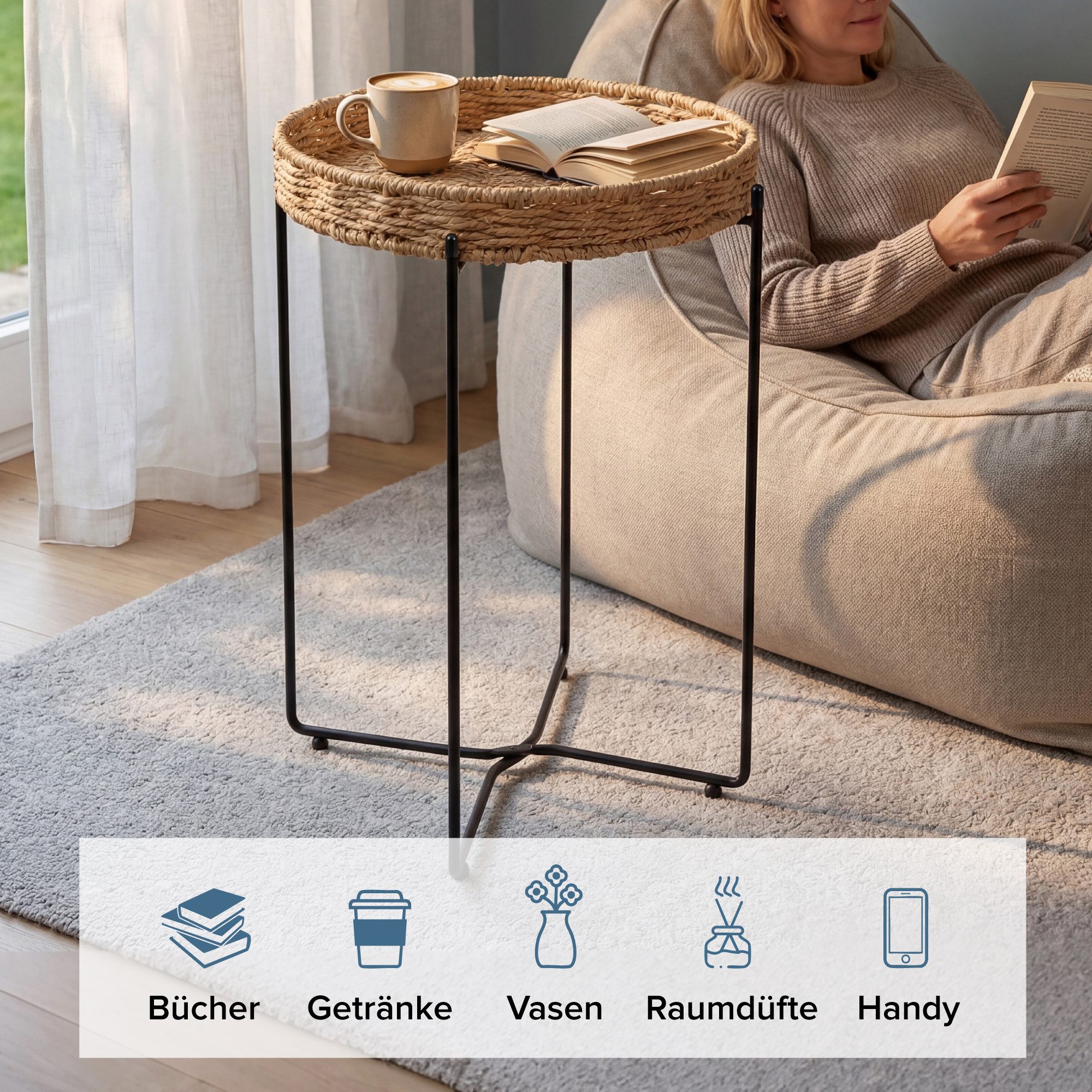 doporro Beistelltisch Couchtisch kleiner Tisch mit 1/2 geflochtenen Ablagen rund Reglo-08, Zwei Materialien zur Auswahl – Bild 4 von 5