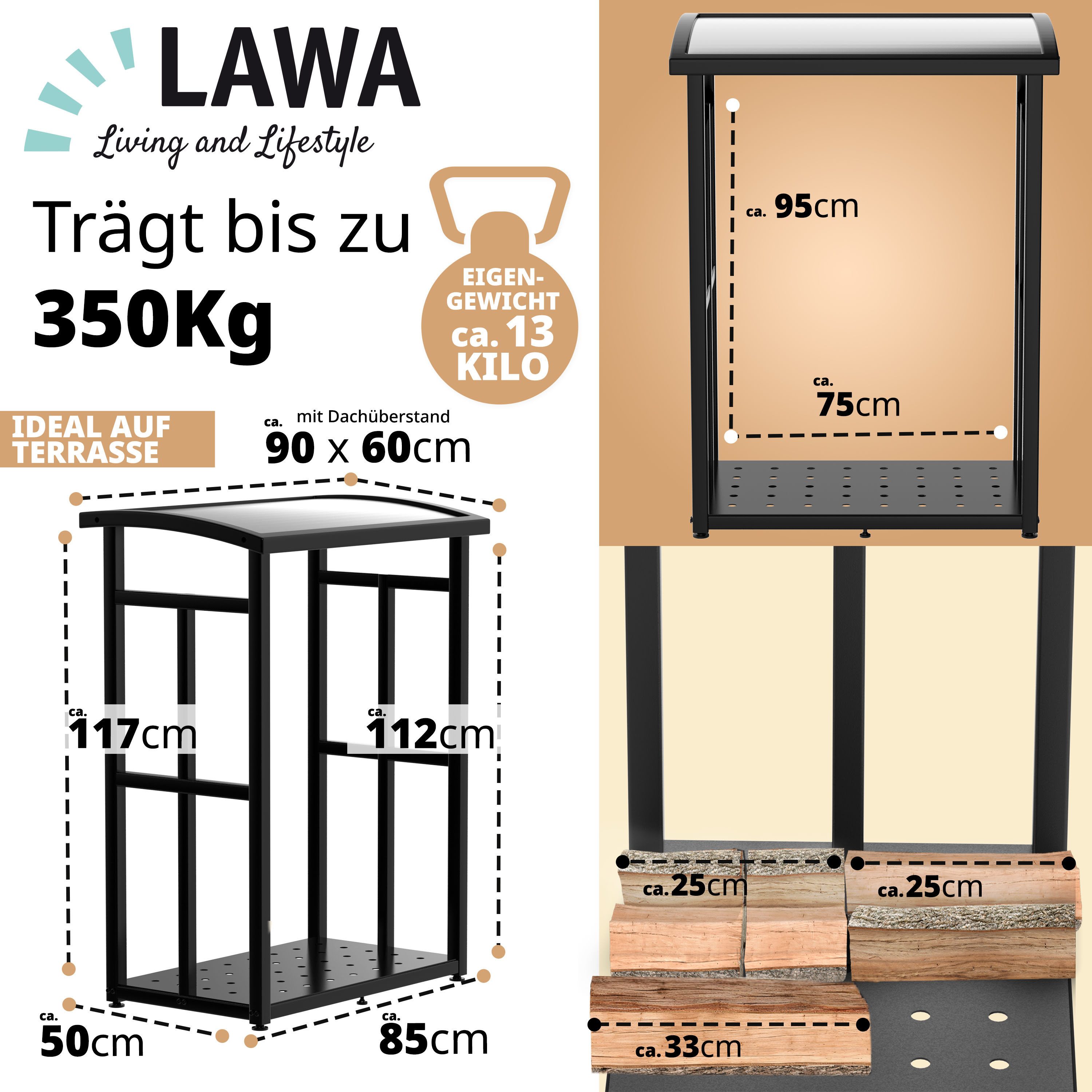 LAWA Living and Lifestyle Kaminholzregal aussen Metall Dach Garten Terrasse Balkon 2x 25cm Brennholz Unterstand, BxTxH:91.00x56.00x117.00 cm, verzinkt, wetterfest, schwarz