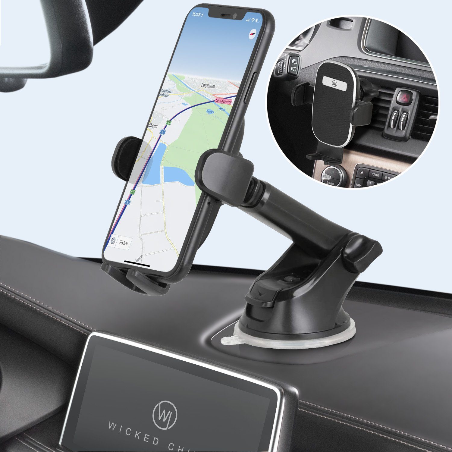 Wicked Chili Smartphone-Halterung 3in1 KFZ Halter für iPhone 14 13 12 (Pro Max Mini), (1er Set, 4-tlg., mit allen Apple Smartphones und anderen Handys mit einer Breite von 52)