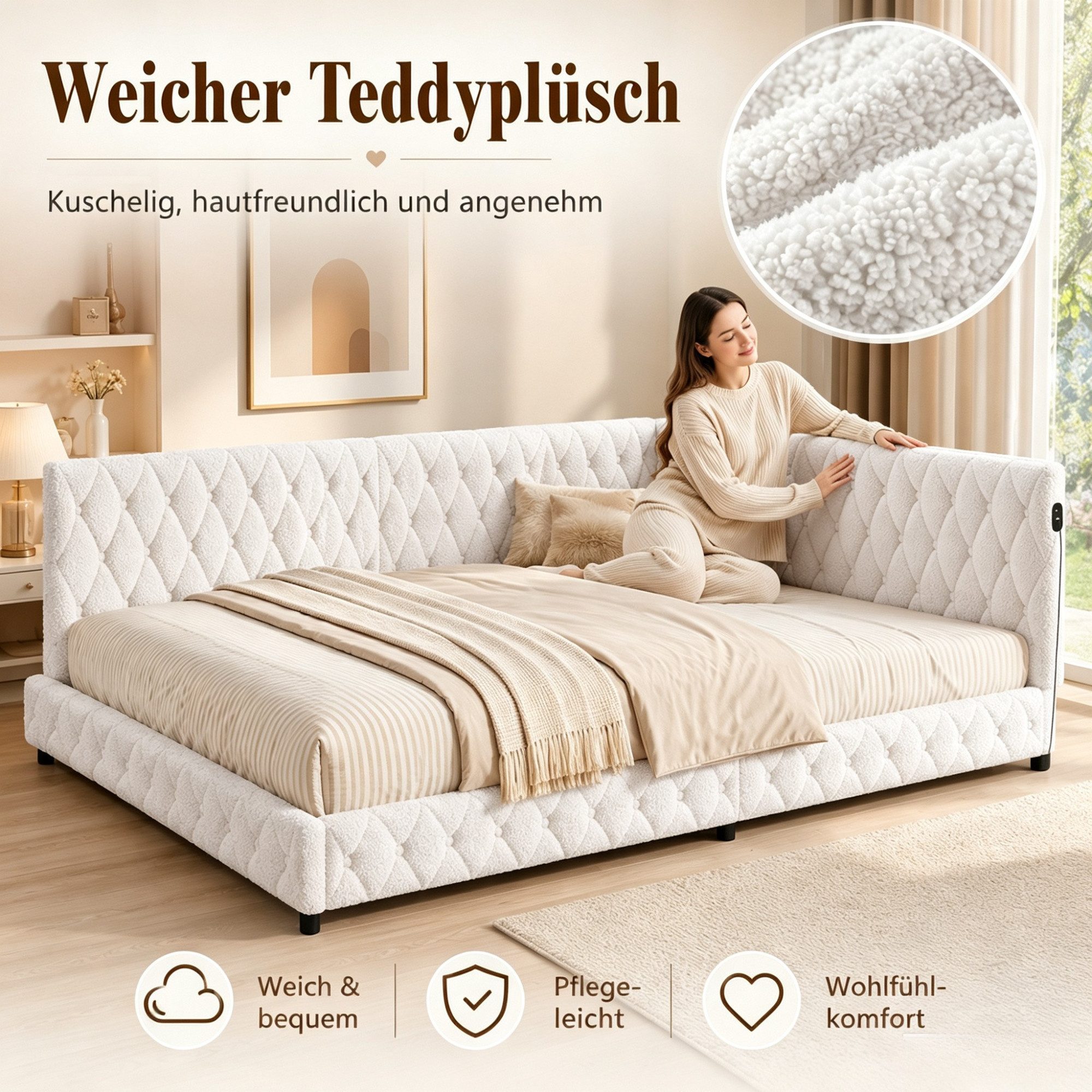 Simurq Polsterbett Daybett mit LED-Beleuchtung & USB, Tagesbett Jugendbett (Packung, 1-tlg., Teddysamt, in 2 Größen verfügbar), Schlafsofa Sofabett Doppelbett – Bild 5 von 5