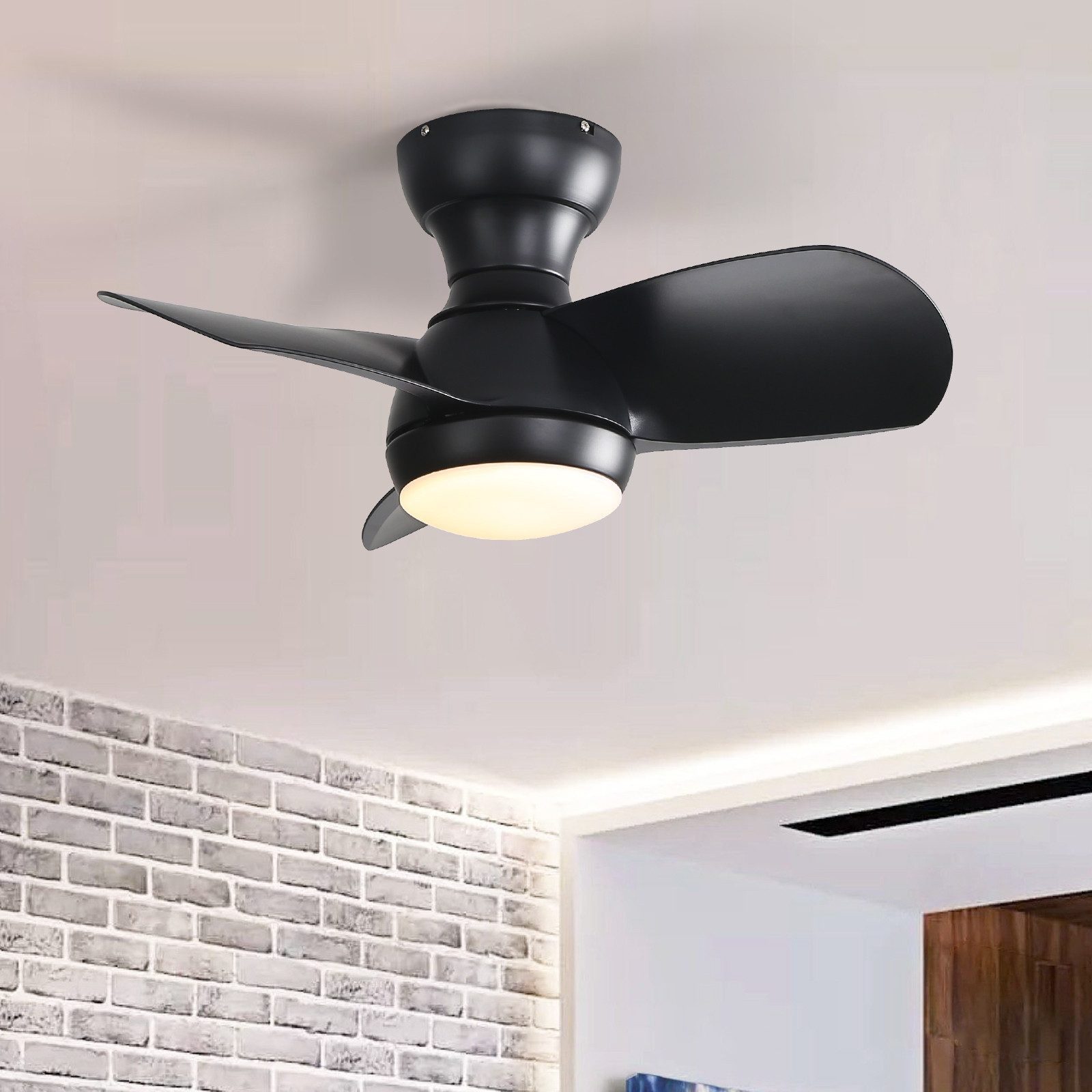 Sofucor Deckenventilator Kleinventilator mit LED-Licht und Fernbedienung, 3 MDF-Flügel, 58cm, Schwarz Timer, 3 Farbtemperatur, 6 Geschwindigkeiten