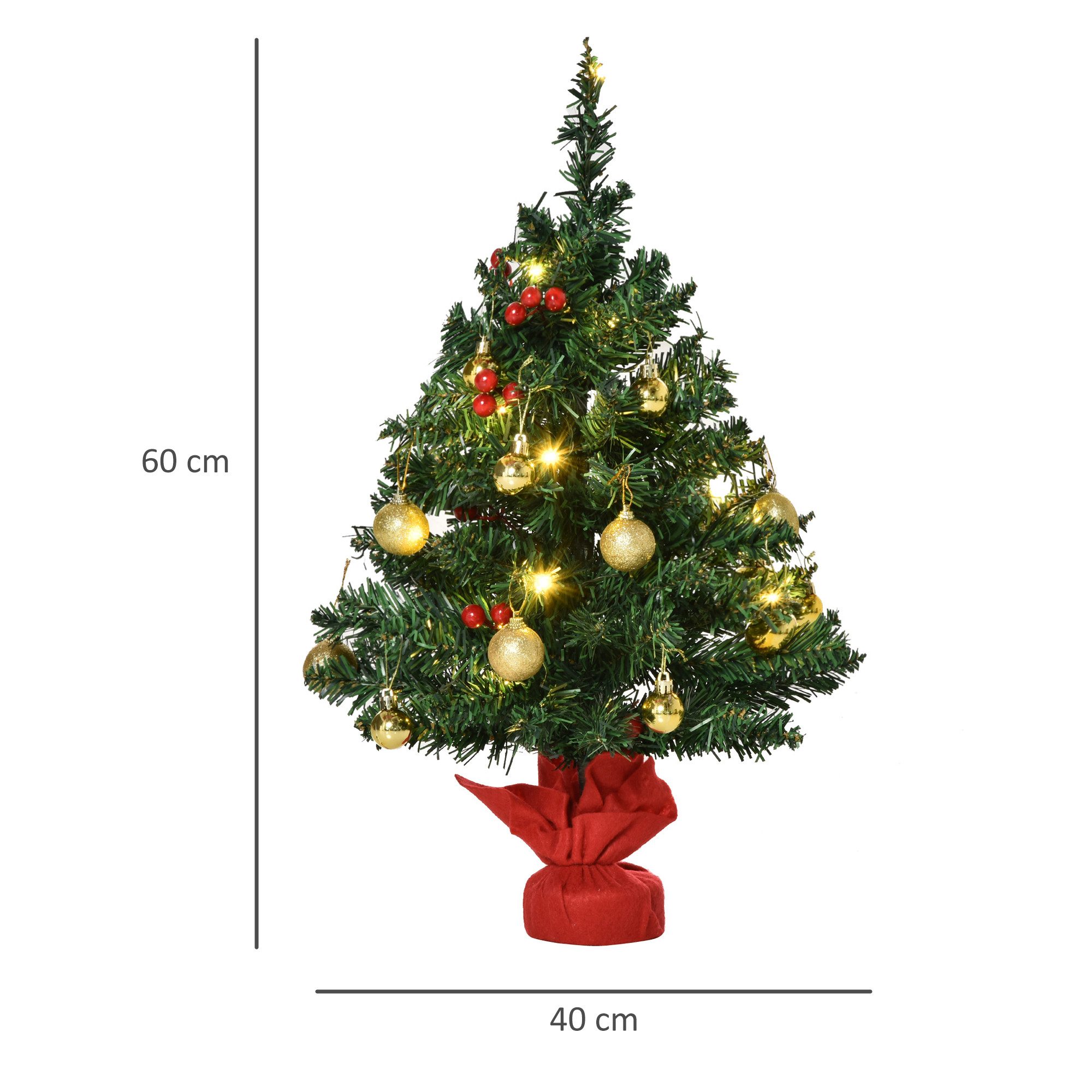 HOMCOM Künstlicher Weihnachtsbaum Mini Weihnachtsbaum mit Weihnachtskugeln, LED-Lichtern, roten Beeren, Tannen, 40 x 60 cm (BxH), grün, rot, gold