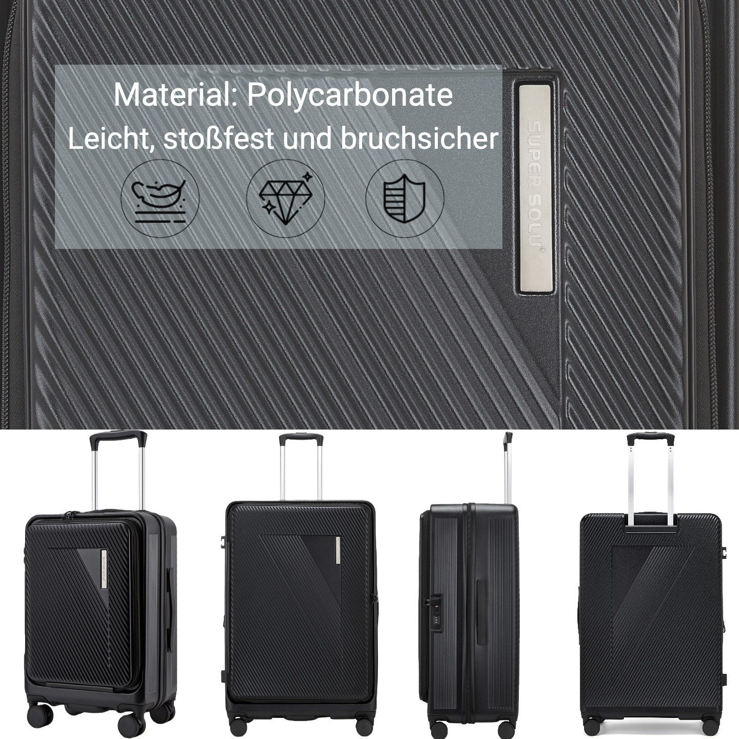 Super Solu Hartschalen-Trolley Erweiterbarer Reisekoffer mit Frontöffnung, Hartschalenkoffer 100% PC, 4 Rollen, 360° Doppelrollen, 24Zoll/66cm, Stoßfester Koffer mit TSA, Schwarz